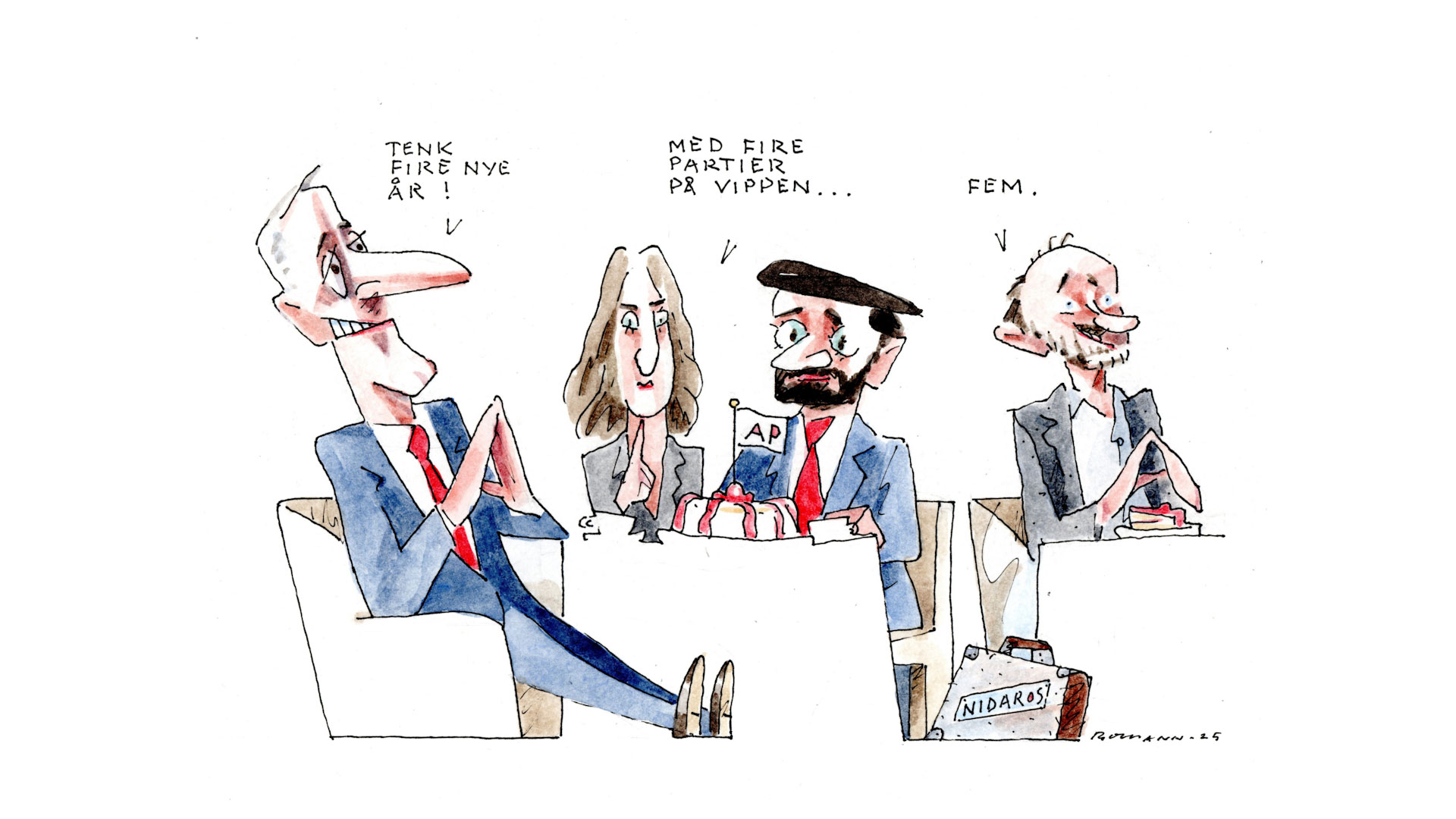 Karikatur av Arbeiderpartiets ledelse som snakker om valgseieren 2025. Jonas Gahr Støre sier: "Tenk, fire nye år". Tonje Brenna svarer: "Med fire partier på vippen". Trond Giske sitter i hjørnet og svarer: "Fem".