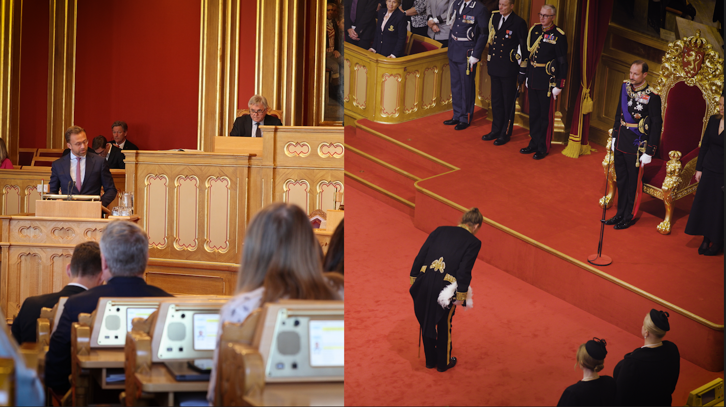 Et todelt bilde: til venstre ses et møte i stortingssalen, til høyre er kongen i stortingssalen.