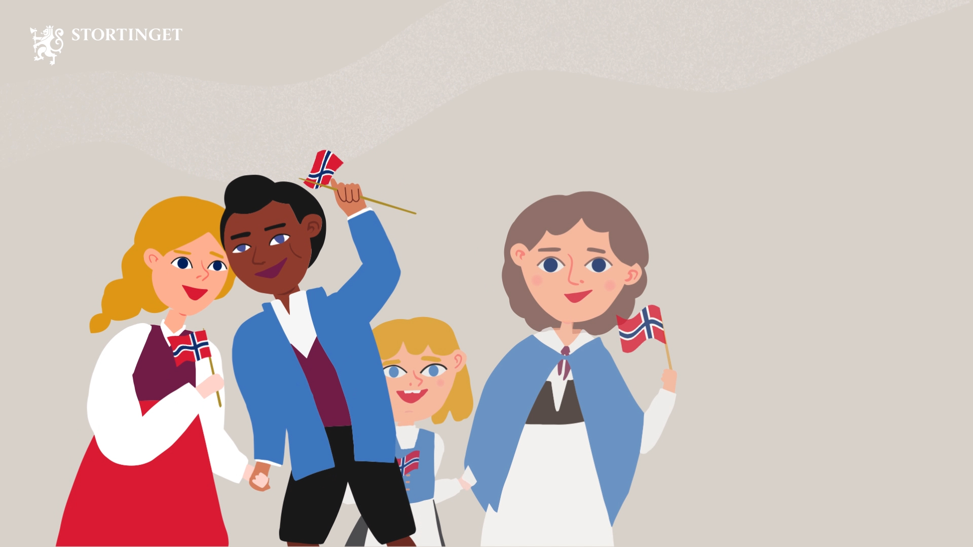 Fire folk i 17. maitog. De har pyntet seg og vifter med flagg