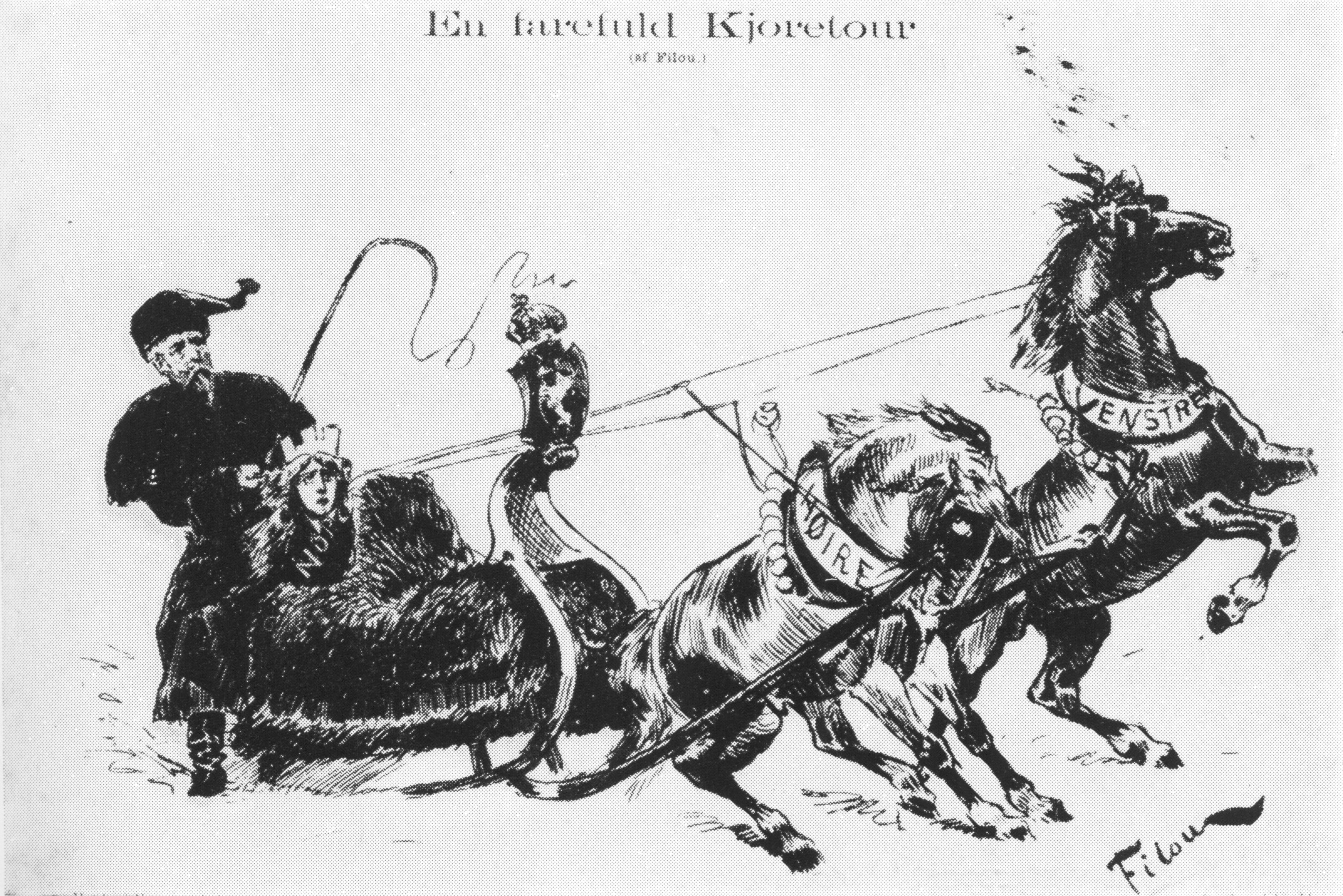 Karikaturtegning fra 1880-tallet. Høyre og Venstre framstilles som to ville hester.