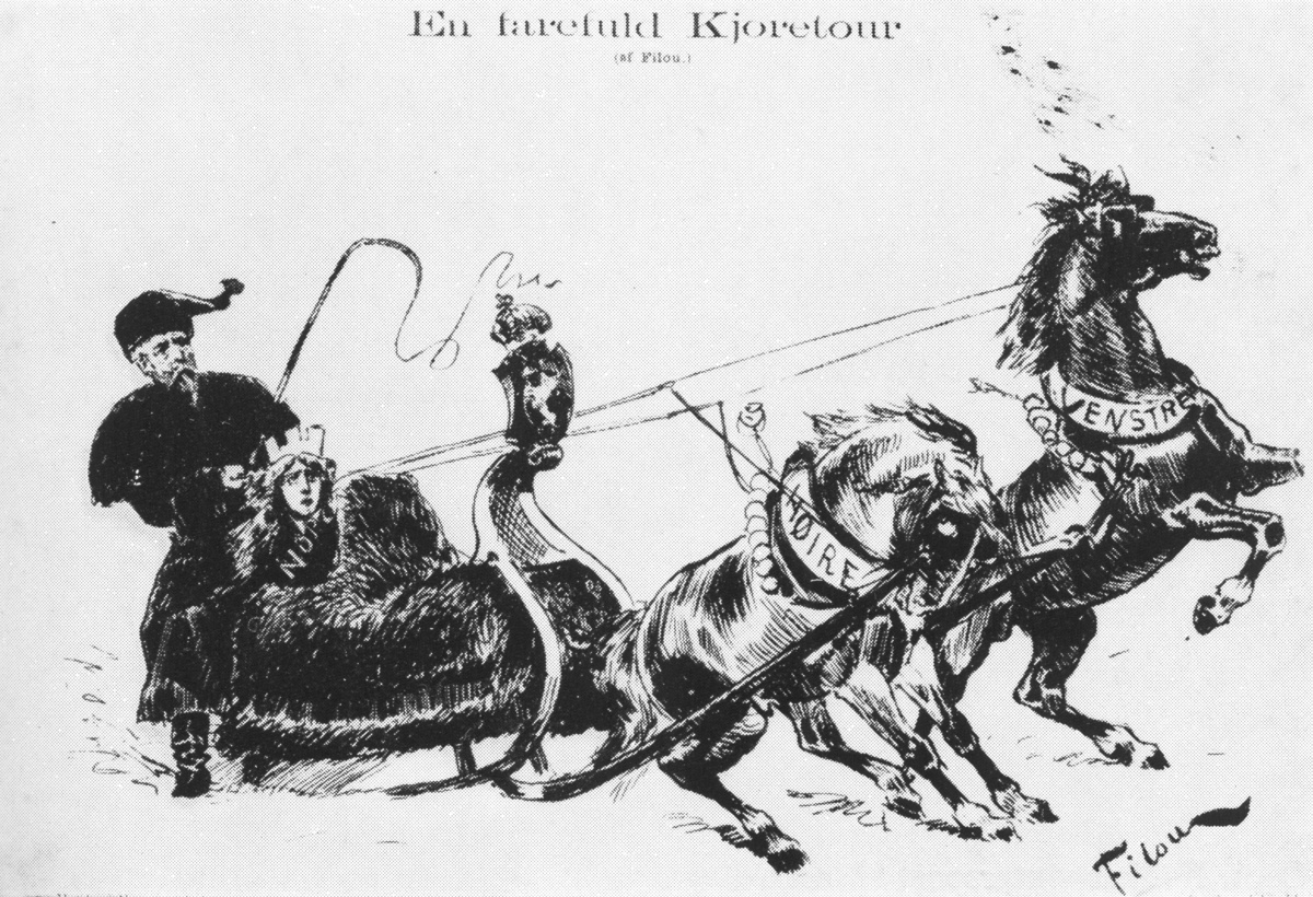 Karikaturtegning fra 1880-tallet. Høyre og Venstre framstilles som to ville hester.