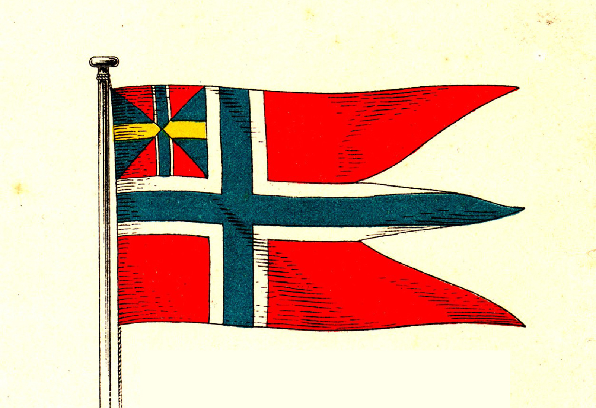 Norsk marineflagg fra 1800-tallet, med "sildesalaten" oppe i venstre hjørne.