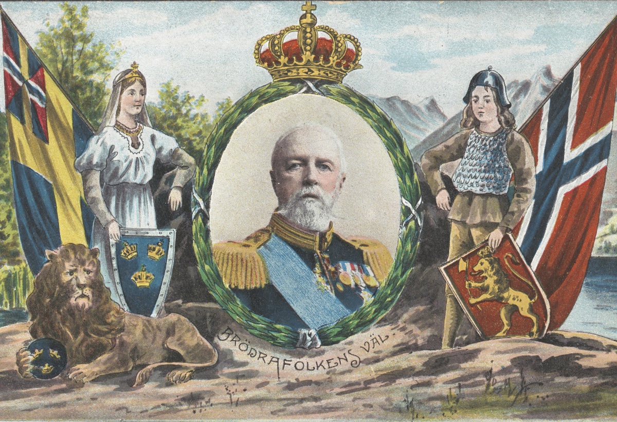 Postkort med illustrasjon av Kong Oscar II og svensk-norsk symbolikk.