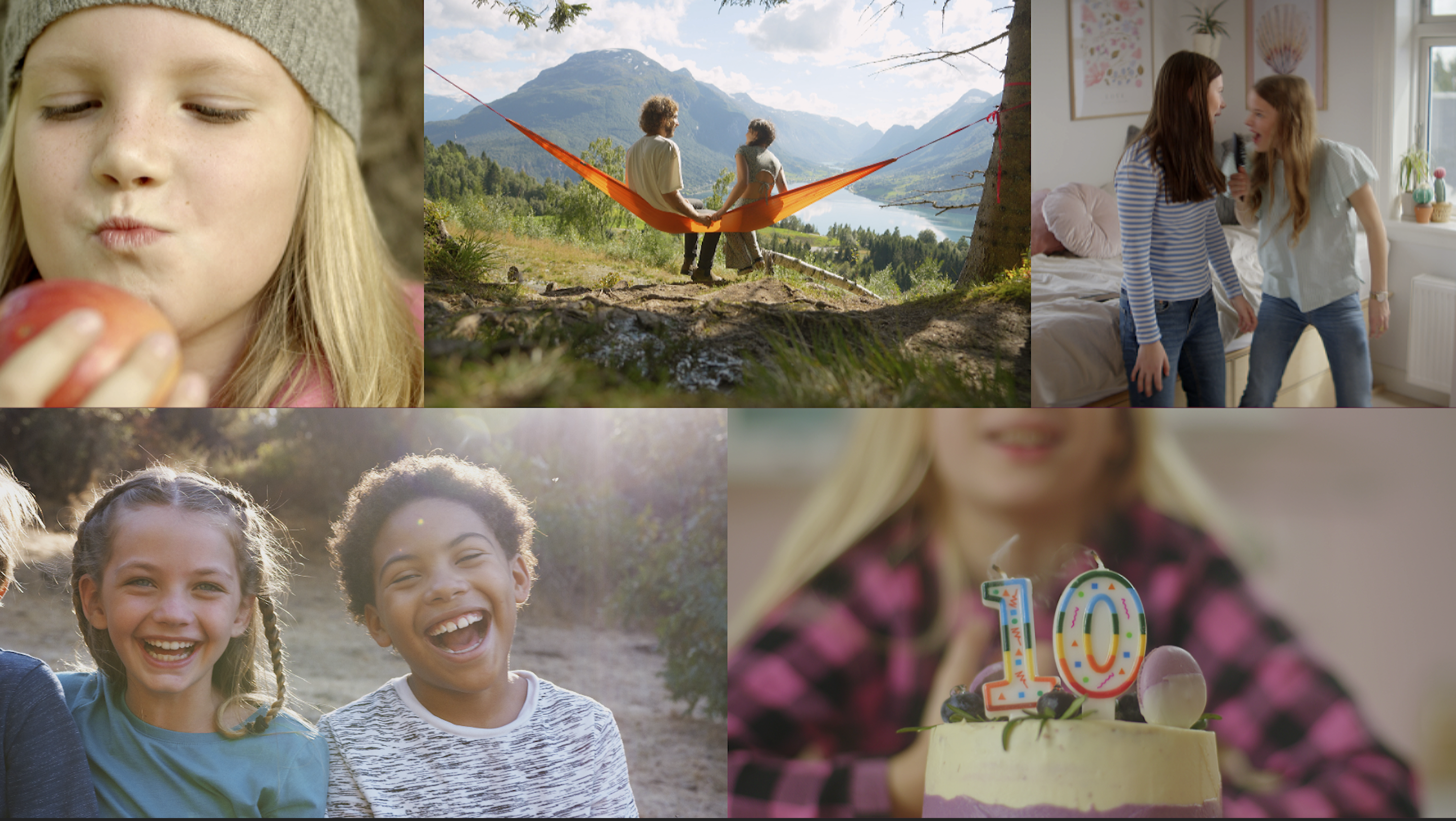 Bilder av flere barn. En spiser eple, to sitter i en hengekøye, to synger, tre ler sammen, en feirer tiårsdag.