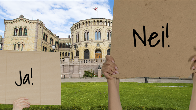 Stortingsbygningen i bakgrunnen. Foran holder to personer plakater der det står ja og nei.