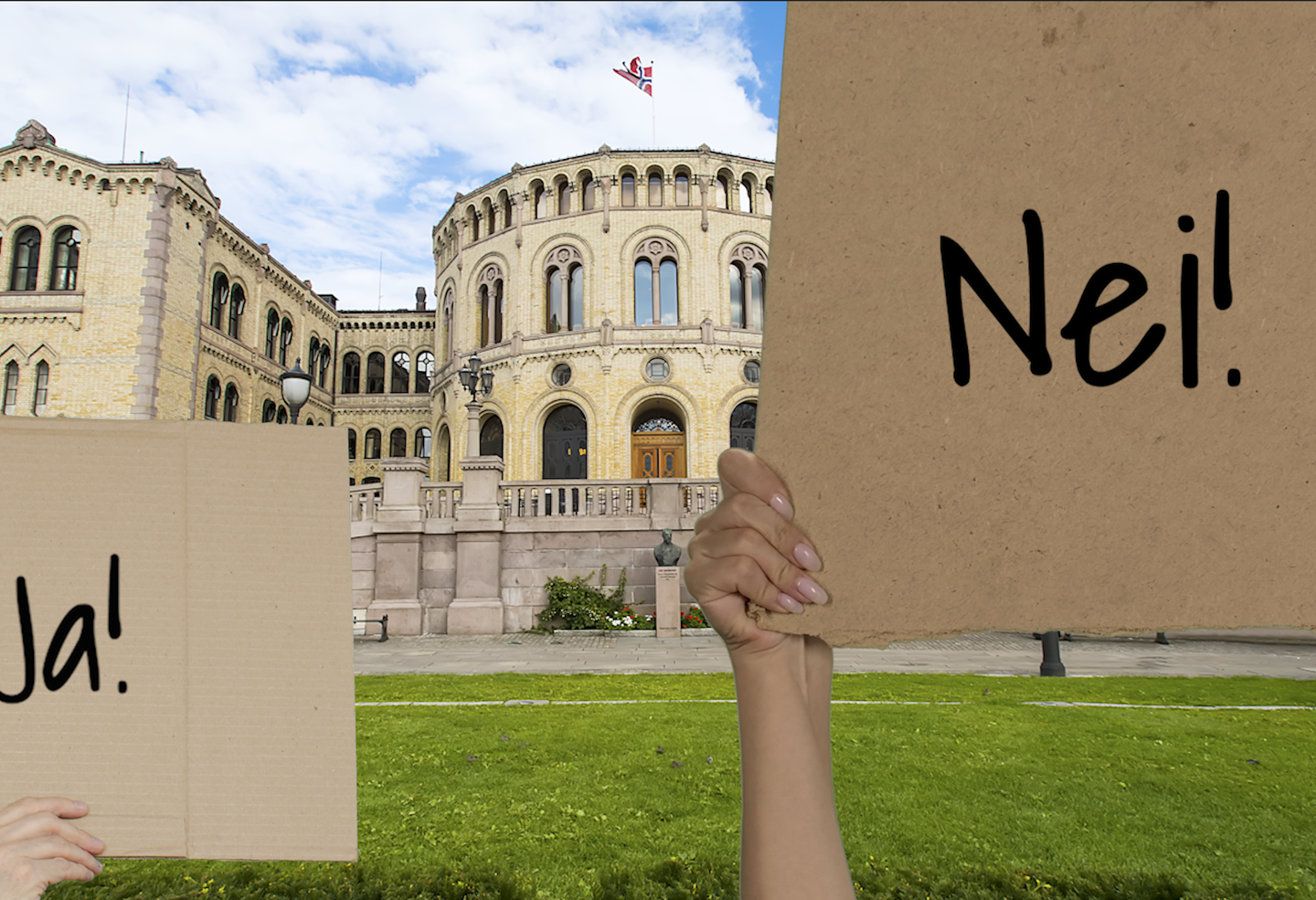 Stortingsbygningen i bakgrunnen. Foran holder to personer plakater der det står ja og nei.