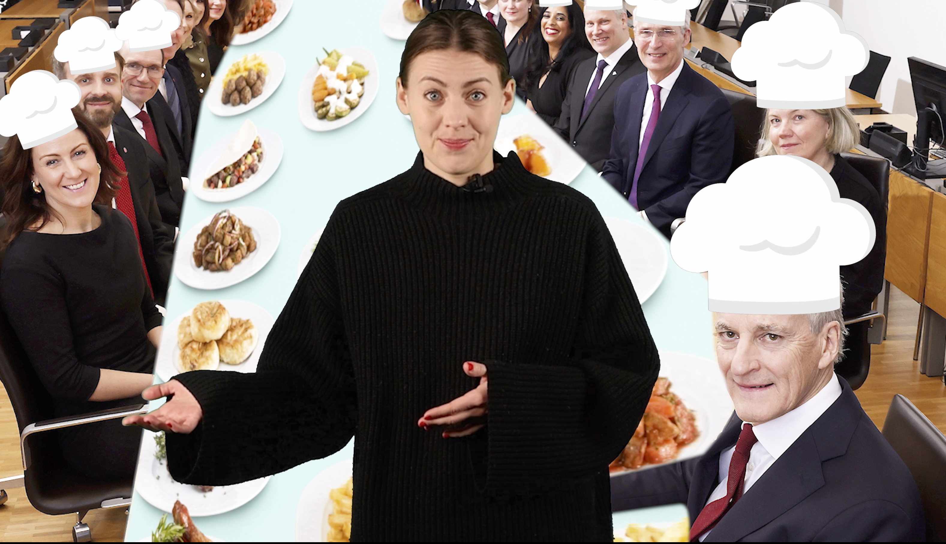 Regjeringen sitter rundt et bord og har kokkehatter tegnet på.