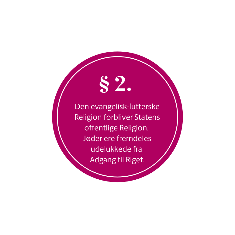 Sirkel med teksten § 2. Den evangelisk-lutterske Religion forbliver Statens offentlige Religion. Jøder ere fremdeles udelukkede fra Adgang til Riget.