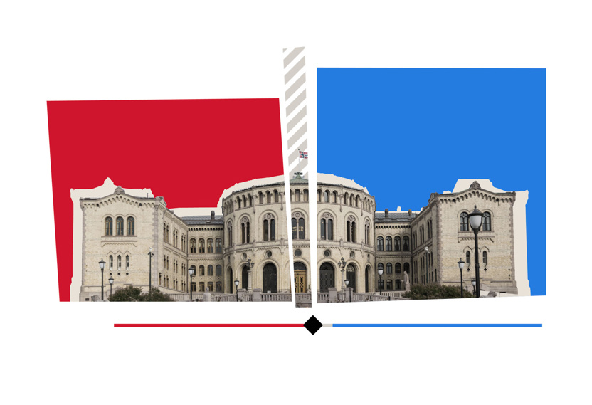 Illustrasjon av stortingsbygningen, med et rødt felt til venstre og et blått felt til høyre. I midten er det et lite grått felt.