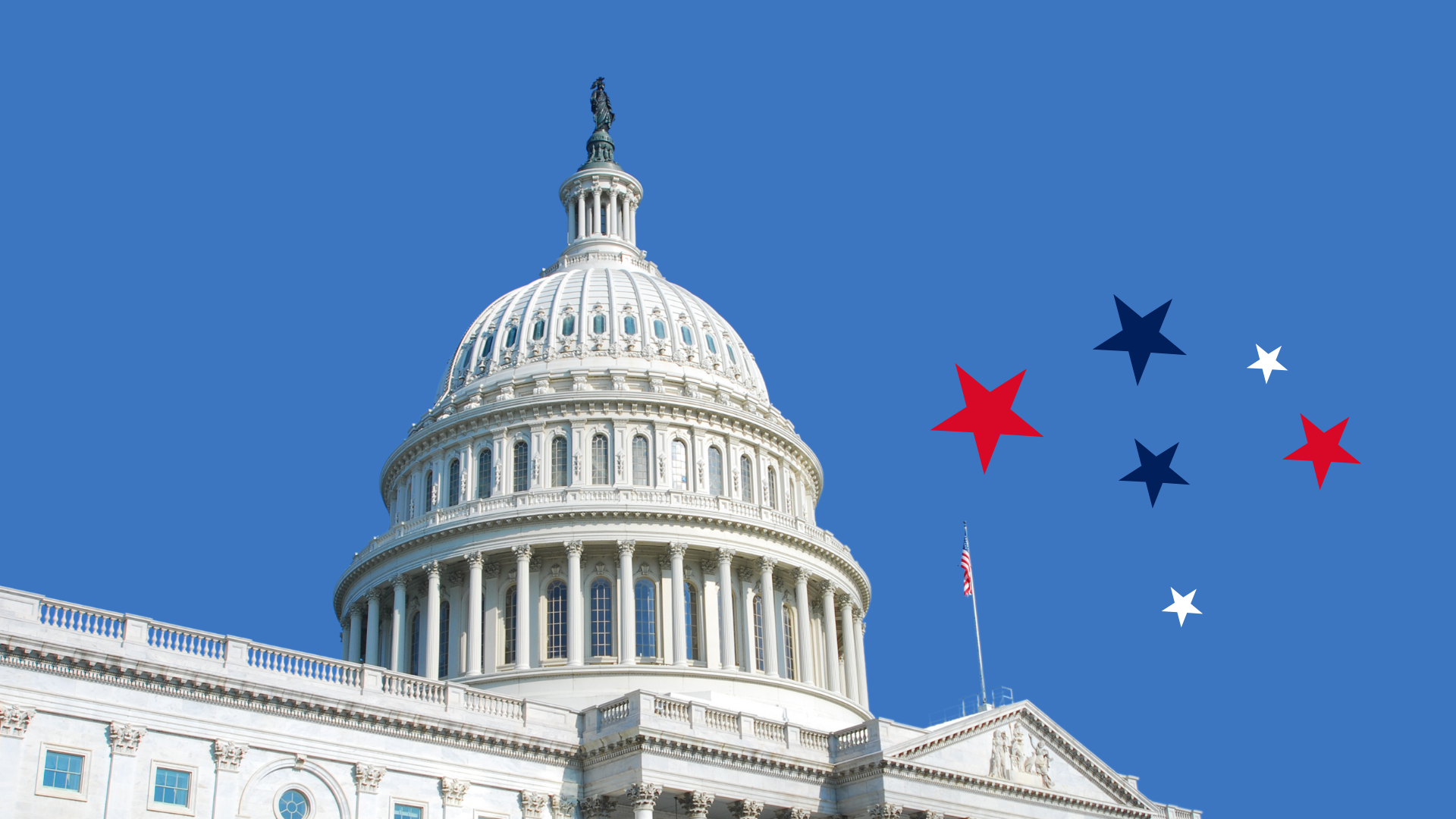 Bilde av kongressbygningen, Capitol, i USA. Stjerner i rødt, hvitt og blått er lagt på som illustrasjon til høyre i bildet. 