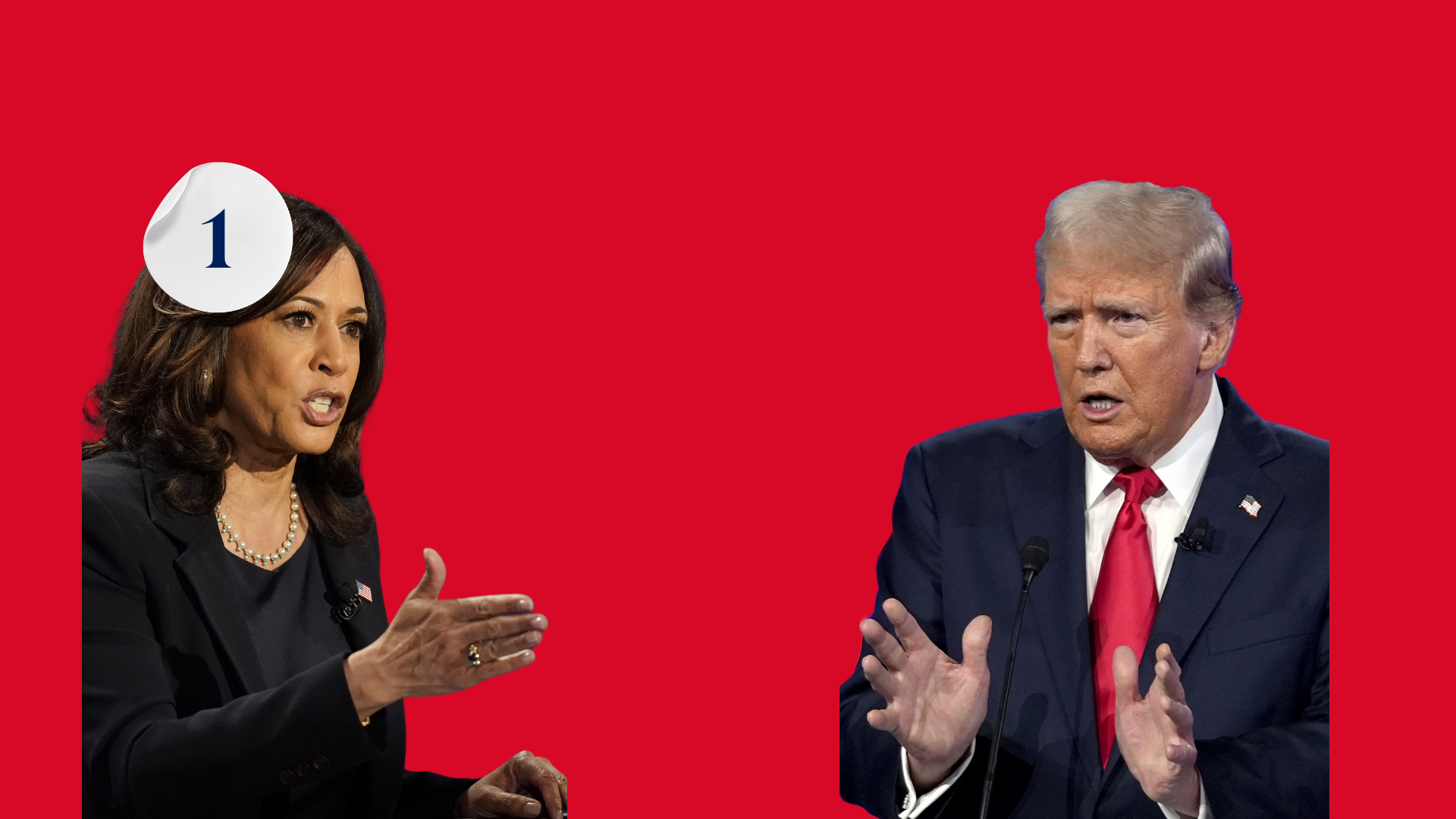 Rød bakgrunn med utklipp av foto av Kamala Harris på venstre side, og Donald Trump på høyre side. 