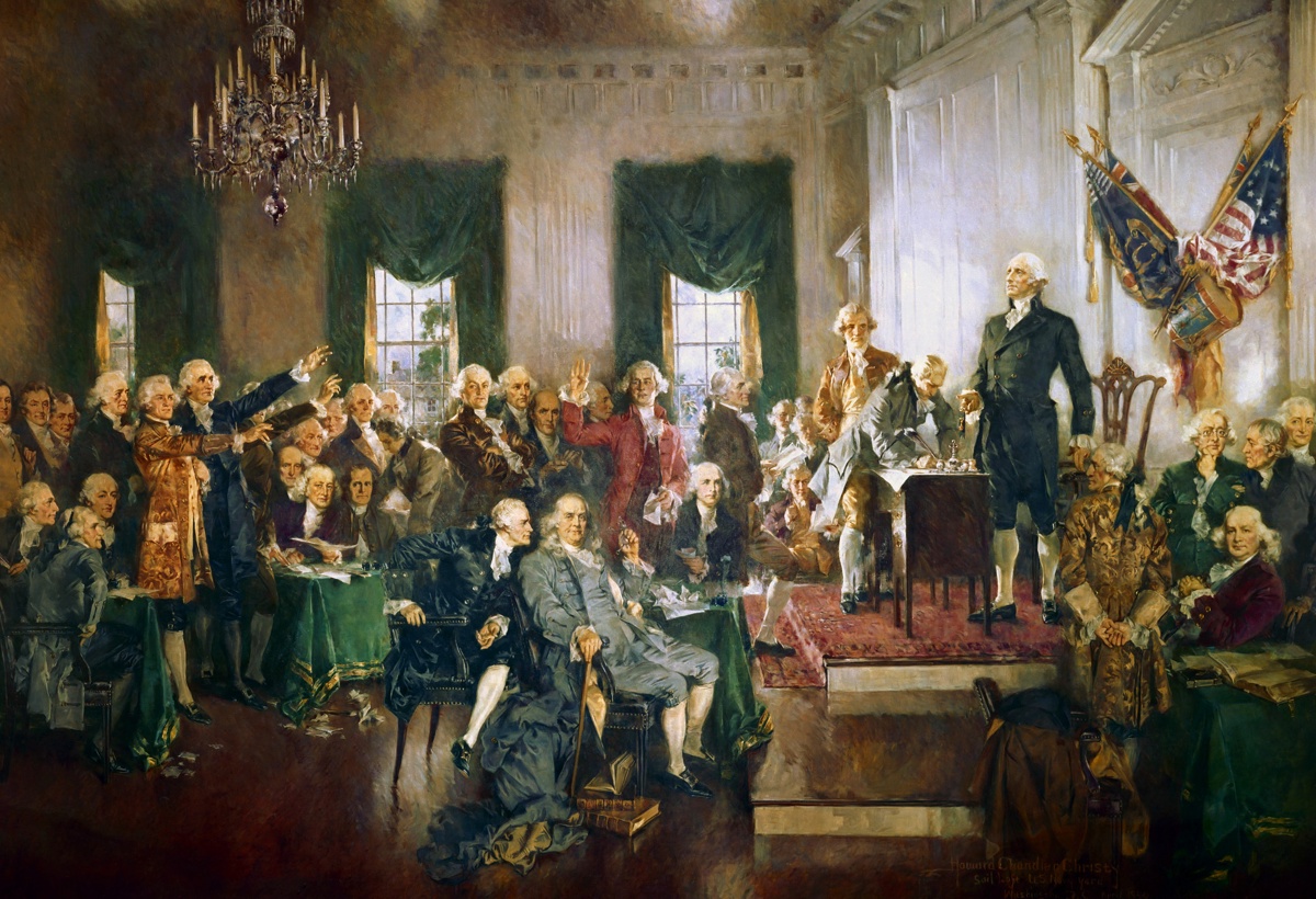 Maleriet Scene at the Signing of the Constitution of the United States som viser de amerikanske grunnlovsmennene.