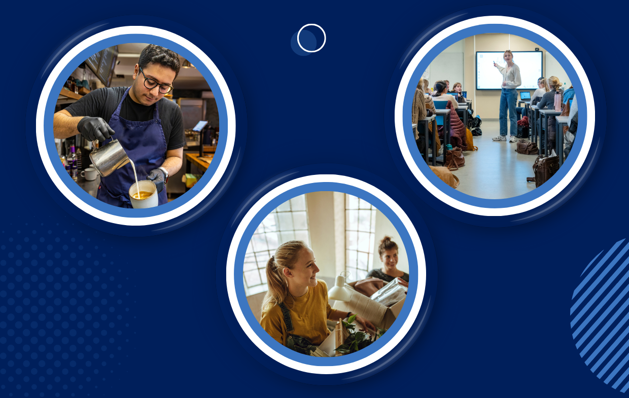 Tre sirkler på en mørkeblå bakgrunn. Hver sirkel har et foto i seg, av en mannlig barista som lager kaffe, en ung kvinne som bærer en flyteteske, og en lærer i et klasserom. 