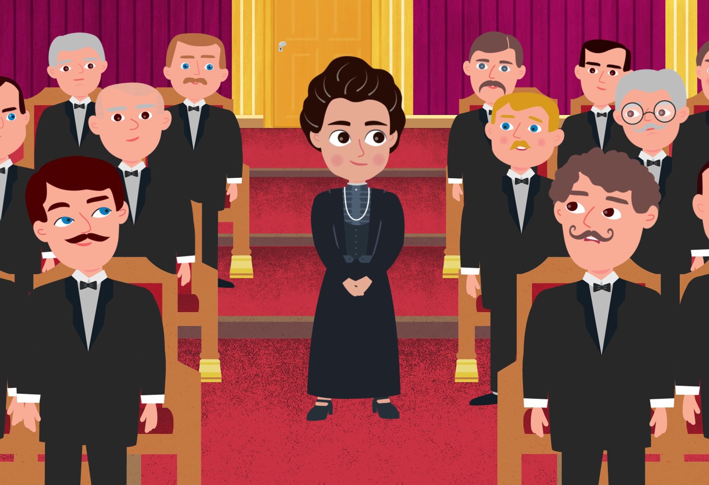 En tegning av stortingsrepresentanten Anna Rogstad i stortingssalen omringet av menn