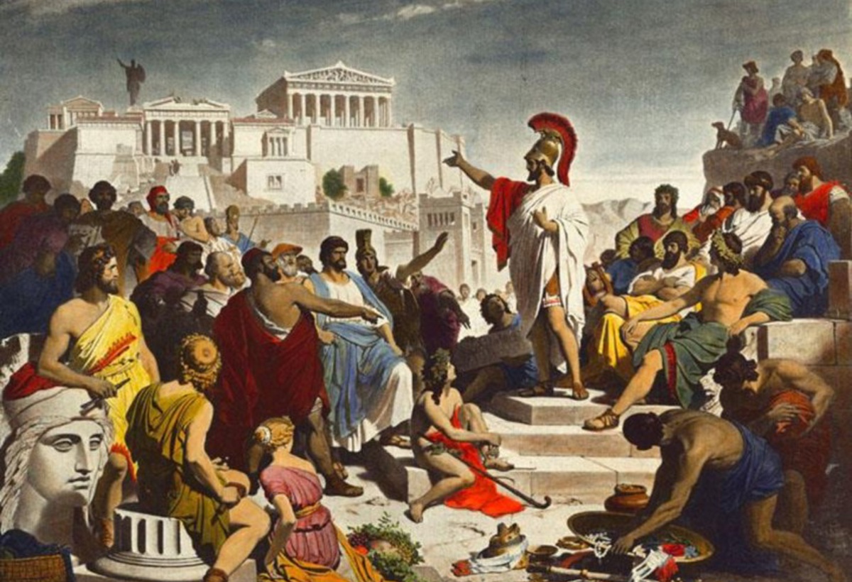 Maleri av et folkemøte i gamle Hellas. En mann står med hånden i været og taler til folkemengden. Folkemengden består av både menn og kvinner, noen sitter og andre står.