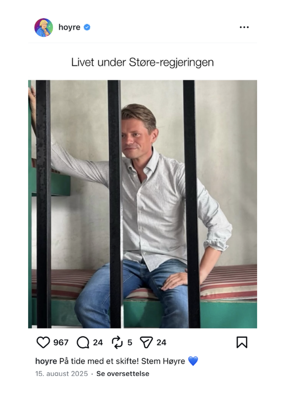 Instagram innlegg. Høyre-politikeren Frølich sitter bak et gitter, med teksten "Livet under Støre-regjeringen".