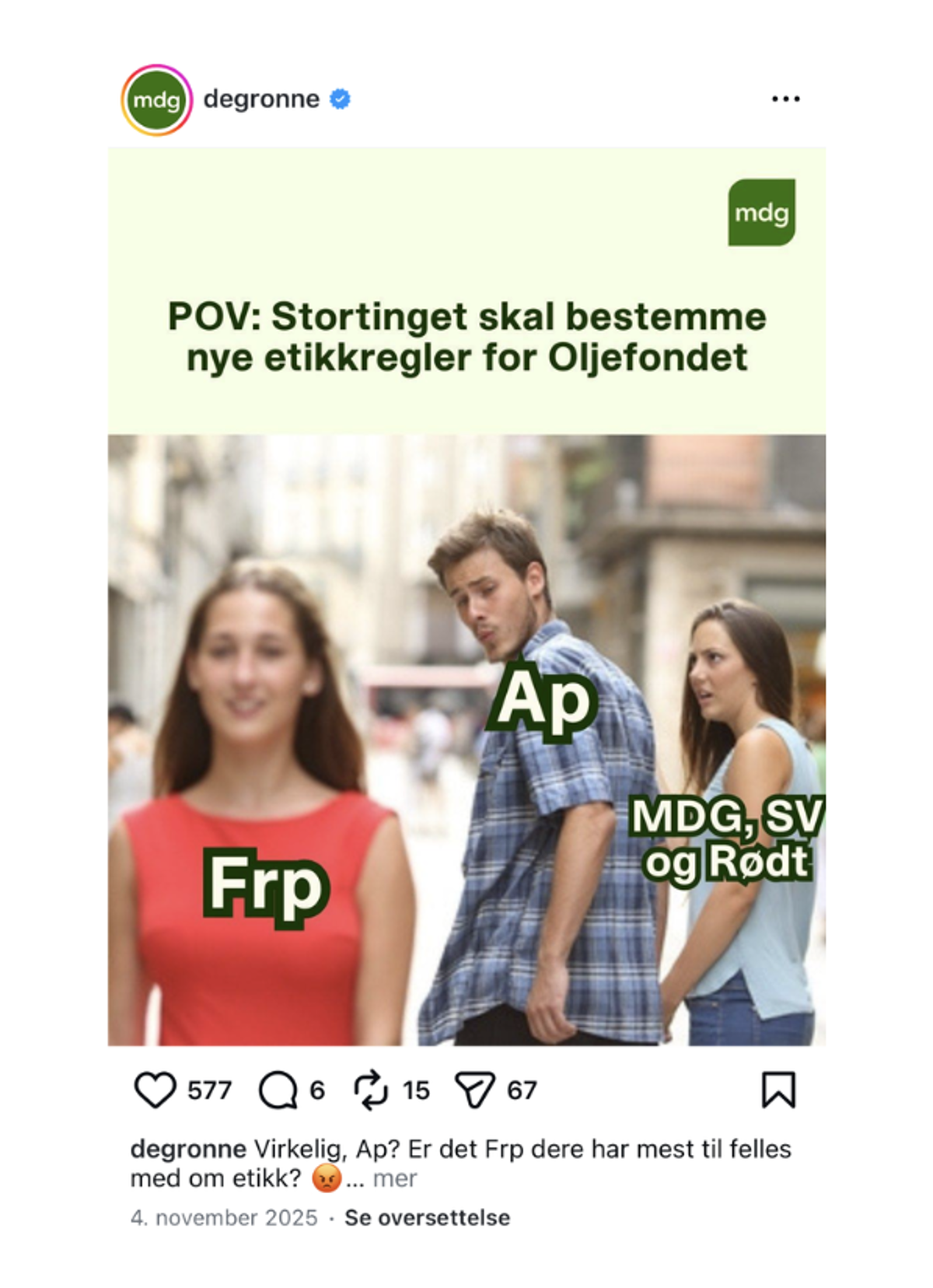 Et Instagram innlegg med bilde av et kjærestepar. Mannen har Teksten Ap på seg, mens kvinnen har MDG, SV og Rødt. Mannen snur seg mot en annen dame, som det står FrP på.