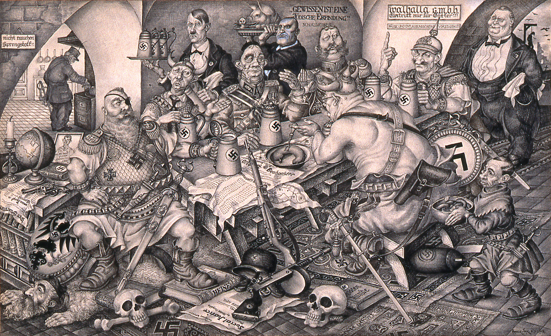 Mussolini, Hitler og andre nazister drikker øl i Valhall. Karikatur fra 1942.