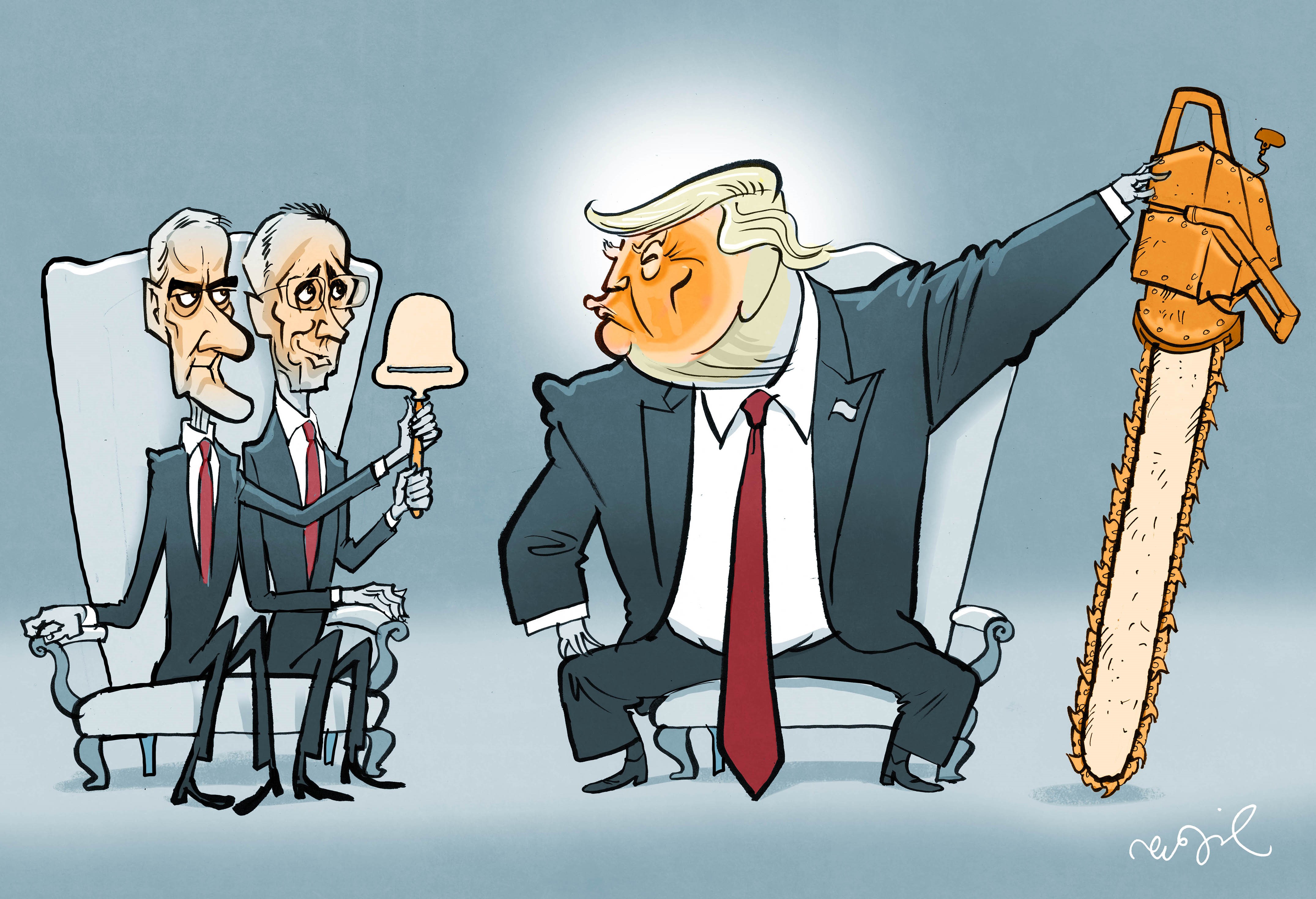 Karikatur av Støre og Stoltenberg på audiens hos Donald Trump. Jens og Jonas har med seg en ostehøvel som gave, mens Trump holder i en kraftig motorsag.