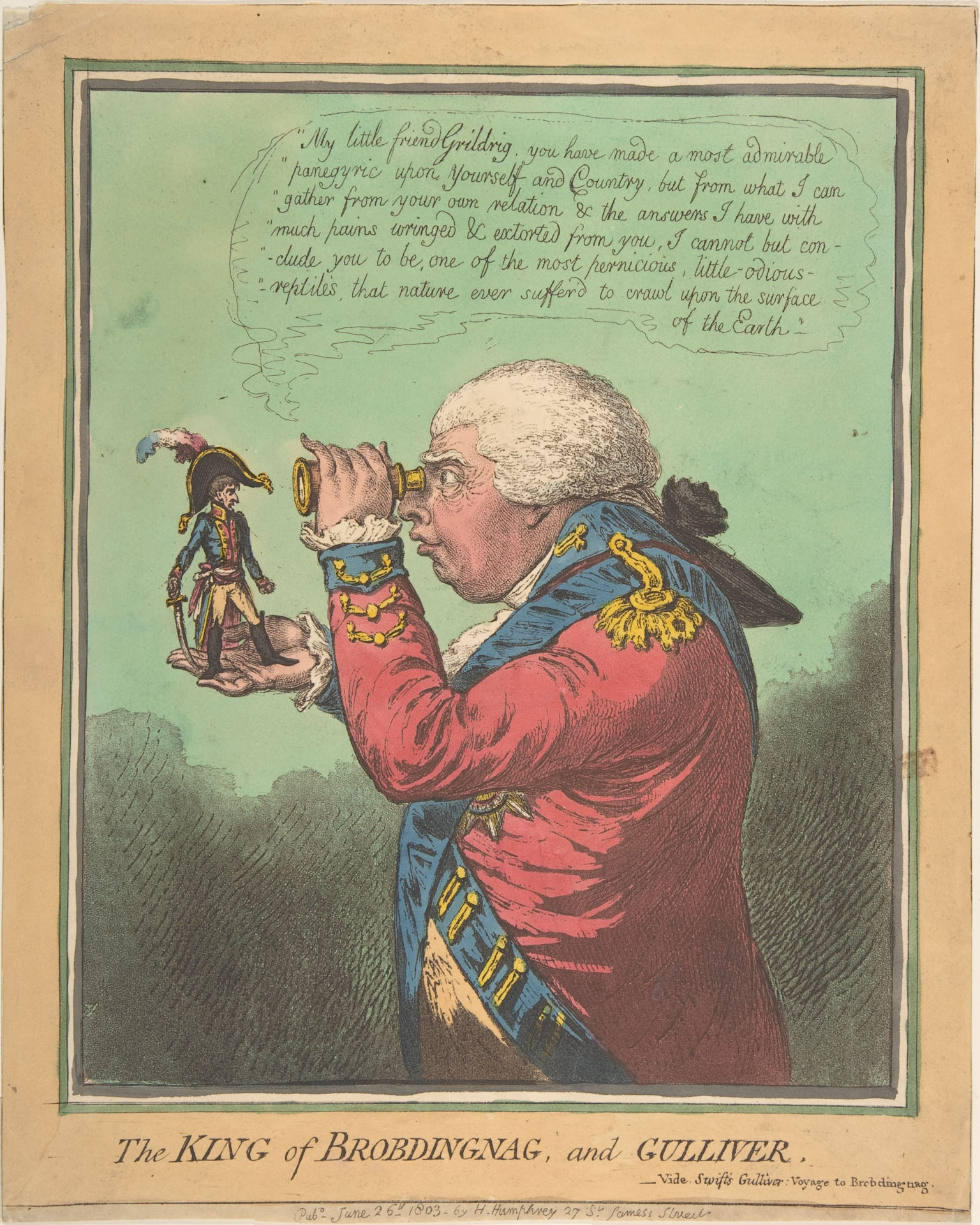 Karikaturtegning fra 1803 av den britiske kongen George III, som studerer en liten, men truende Napoleon gjennom kikkerten sin.