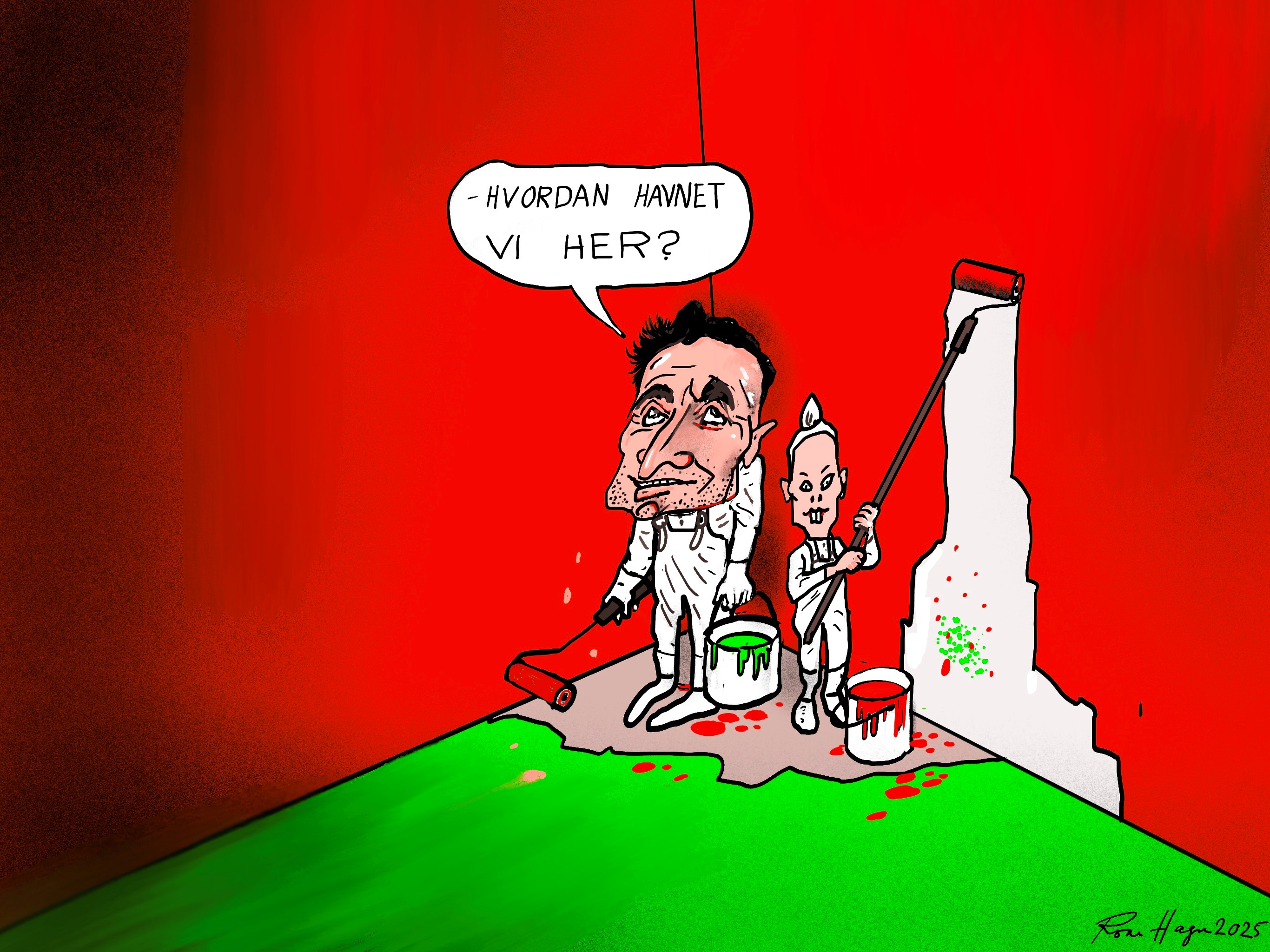 Karikatur av Arild Hermstad (MDG) og Kirsti Bergstø (SV) som har malt seg inn i et rødgrønt hjørne.