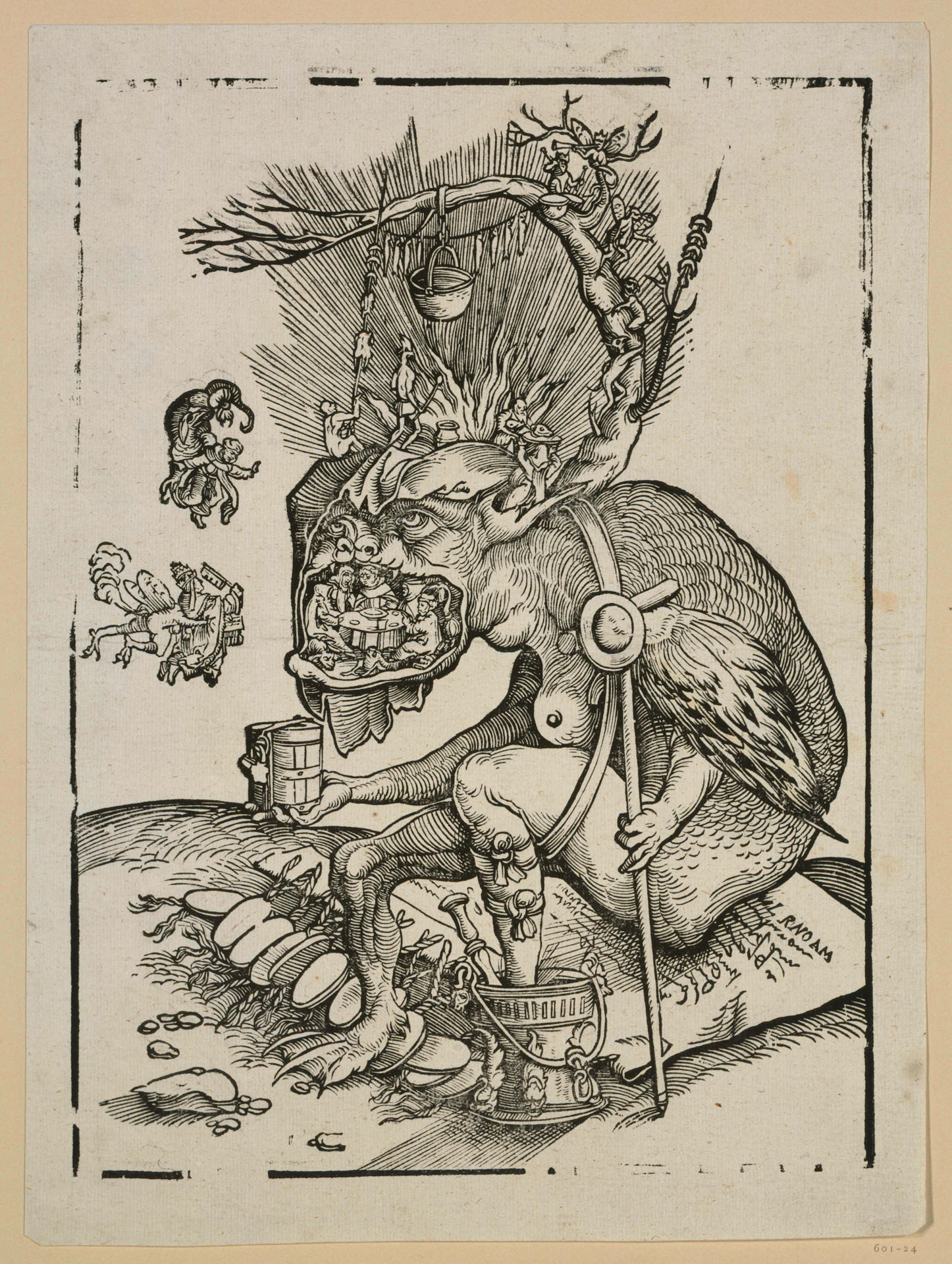 Karikatur far ca. 1500 som viser munker, nonner og andre fra kirken som flys inn i djevelens munn for å feste.