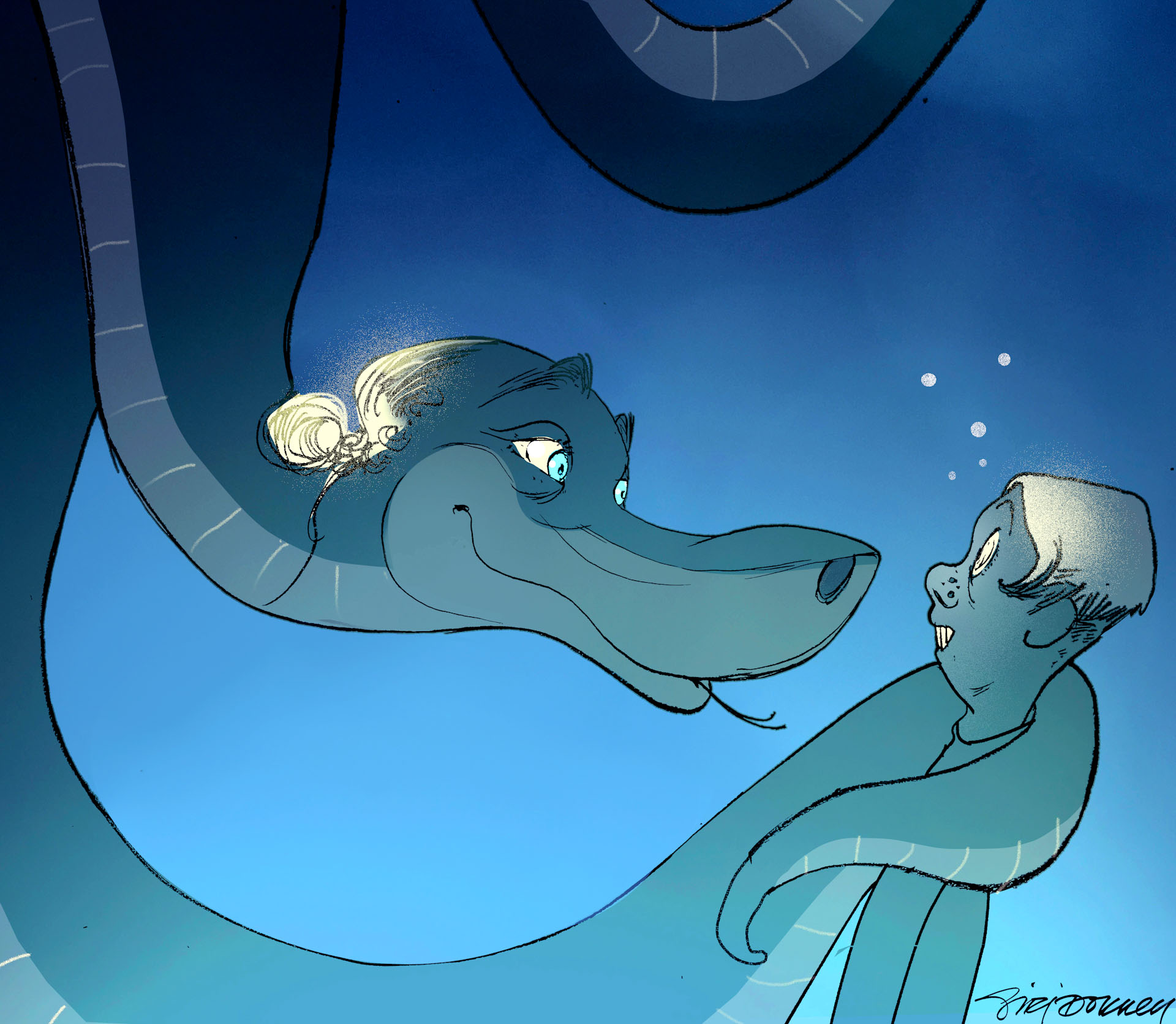 Karikatur av Simen Velle, som en slange, hypnotiserer en ung velger.