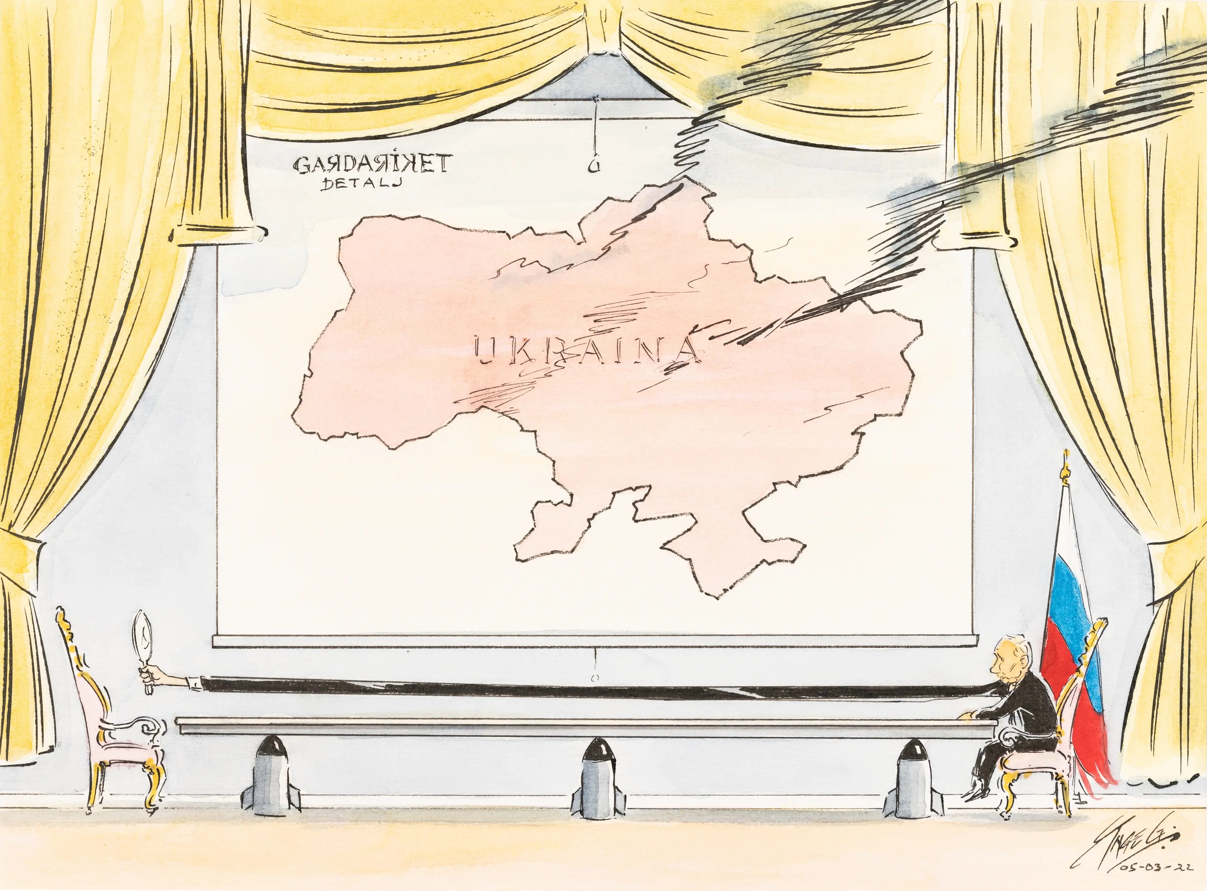 Karikatur av Vladimir Putin som ser seg selv i speilet. Et kart av et rykende Ukraina henger over ham.