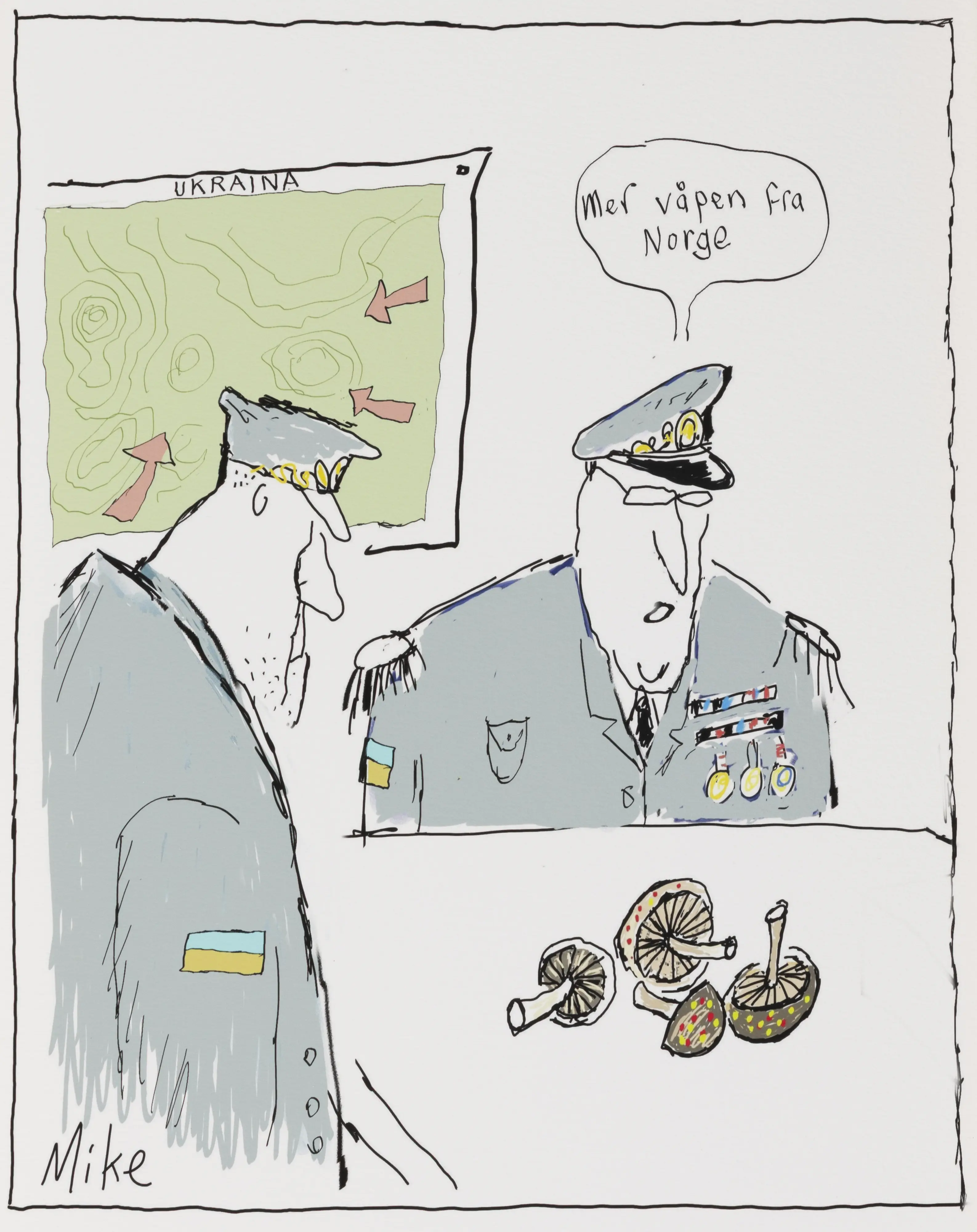 Ukrainske generaler studerer våpenhjelp fra Norge. Tegning fra 2024.