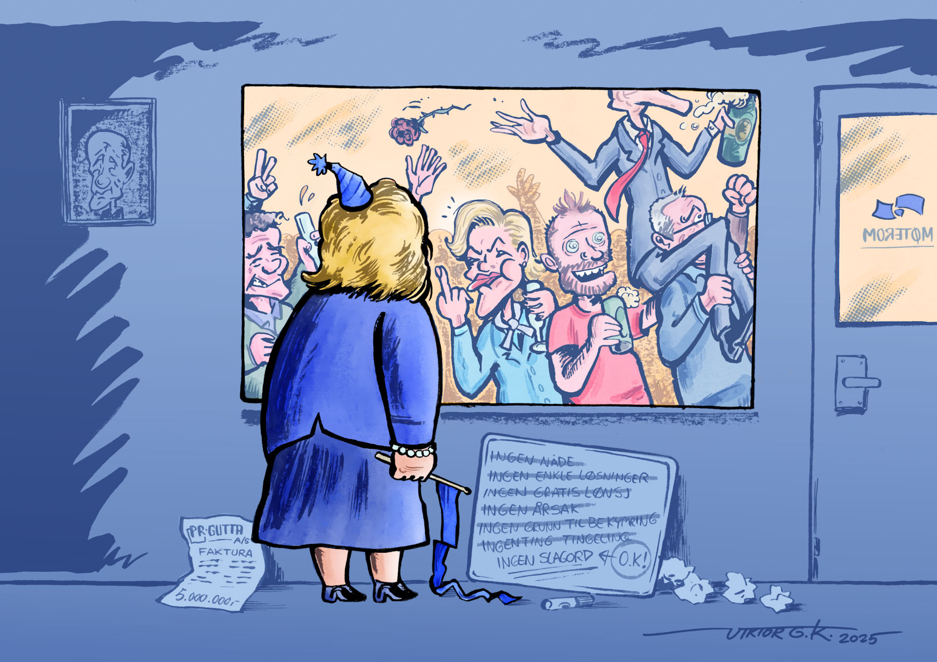 Karikatur av Erna som står utenfor FrPs fest. Sylvi viser Erna fingeren gjennom vinduet.