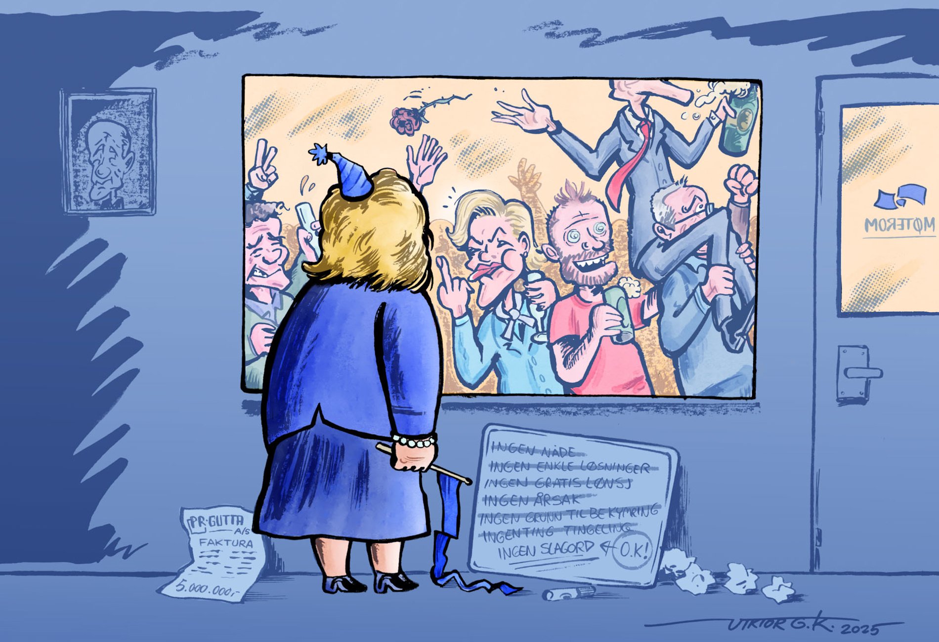 Karikatur av Erna som står utenfor FrPs fest. Sylvi viser Erna fingeren gjennom vinduet.