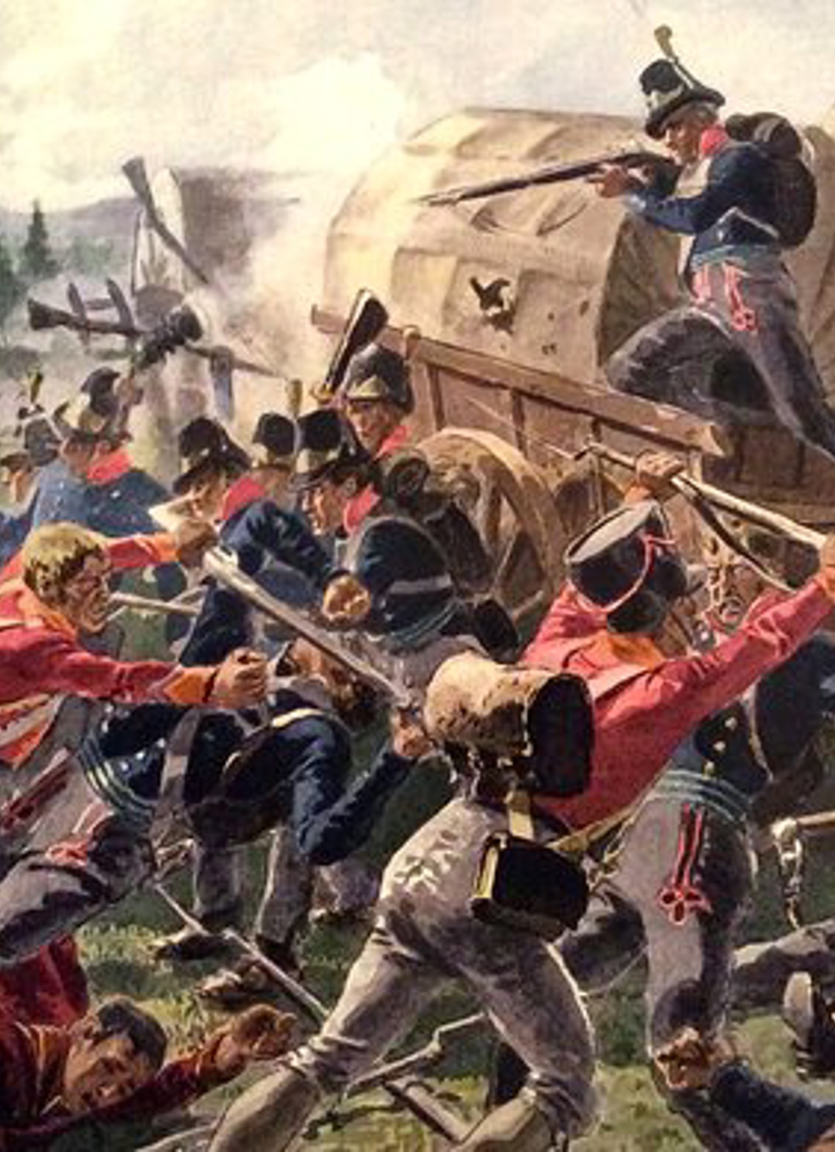 Maleri av et slag med soldater i blå uniformer som kjemper mot soldater i røde uniformer. Soldatene har våpen.