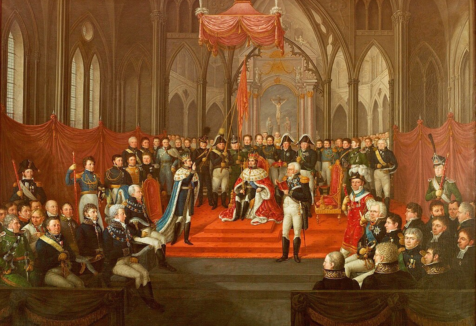 Maleri av Kong Carl Johans kroning i Trondheim domkirke.