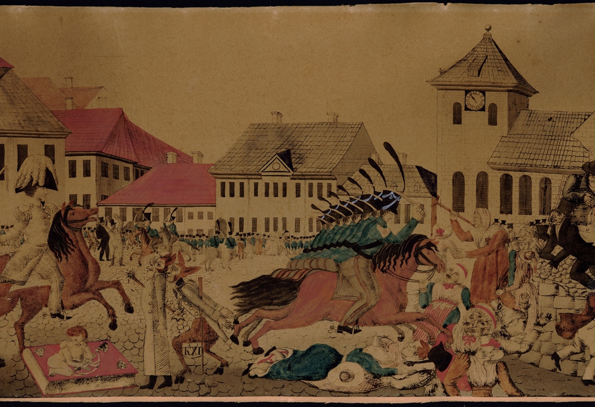 Illustrasjon av det berømte Torgslaget i Kristiania i 1829.