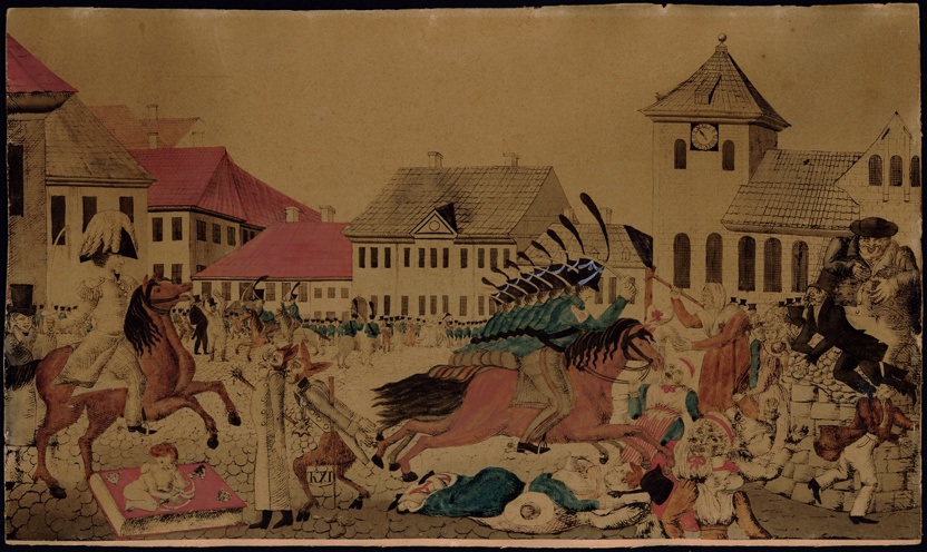 Illustrasjon av det berømte Torgslaget i Kristiania i 1829.