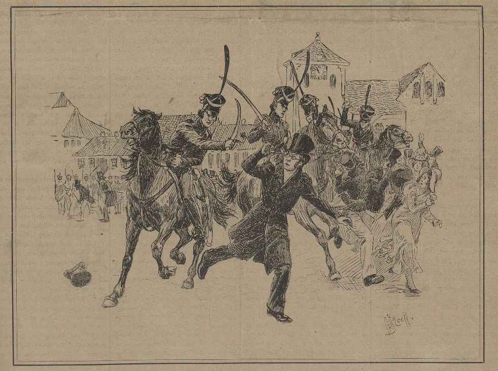 Avistegning av Henrik Wergeland som slås ned av svenske soldater under Torgslaget i 1829.