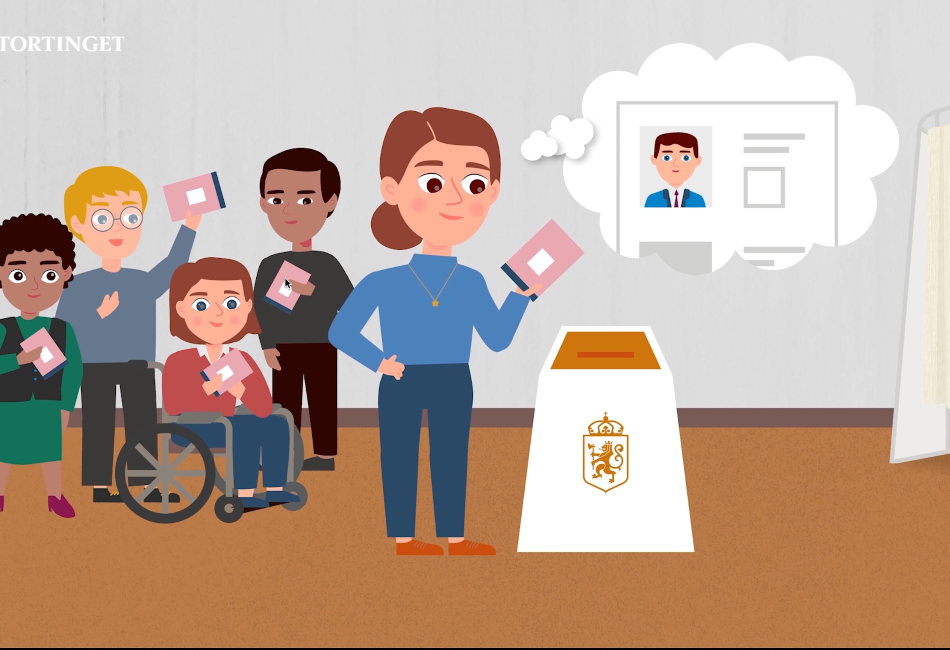 Tegning av folk i et stemmelokale. En person legger en stemme i stemmeurnen, mens hun tenker på en person.