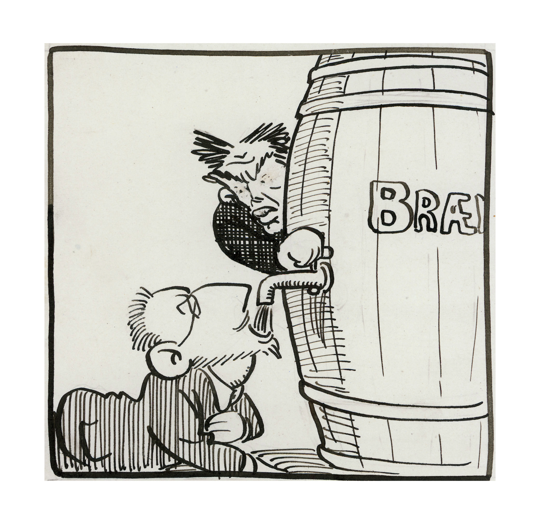 Gammel karikaturtegning av en mann som drikker brennevin rett fra en diger tønne. En annen mann åpner tappekranen på tønne for ham.