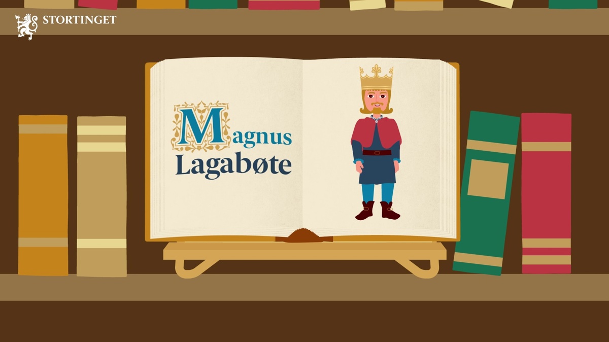 En oppslått bok, med bilde av en konge og teksten: Magnus Lagabøte. Boken står i en bokhylle.