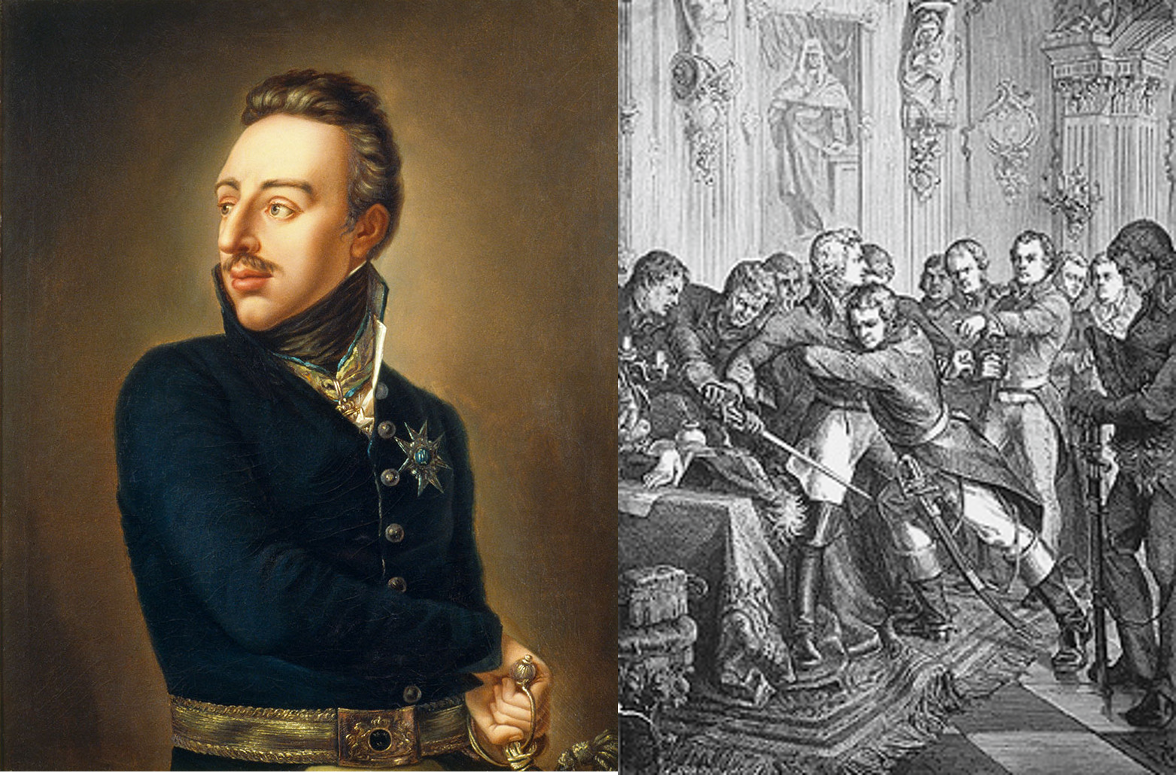 Portrettbilde av Gustav 4. Adolf av Sverige, og tegning av hans arrestasjon i 1809.