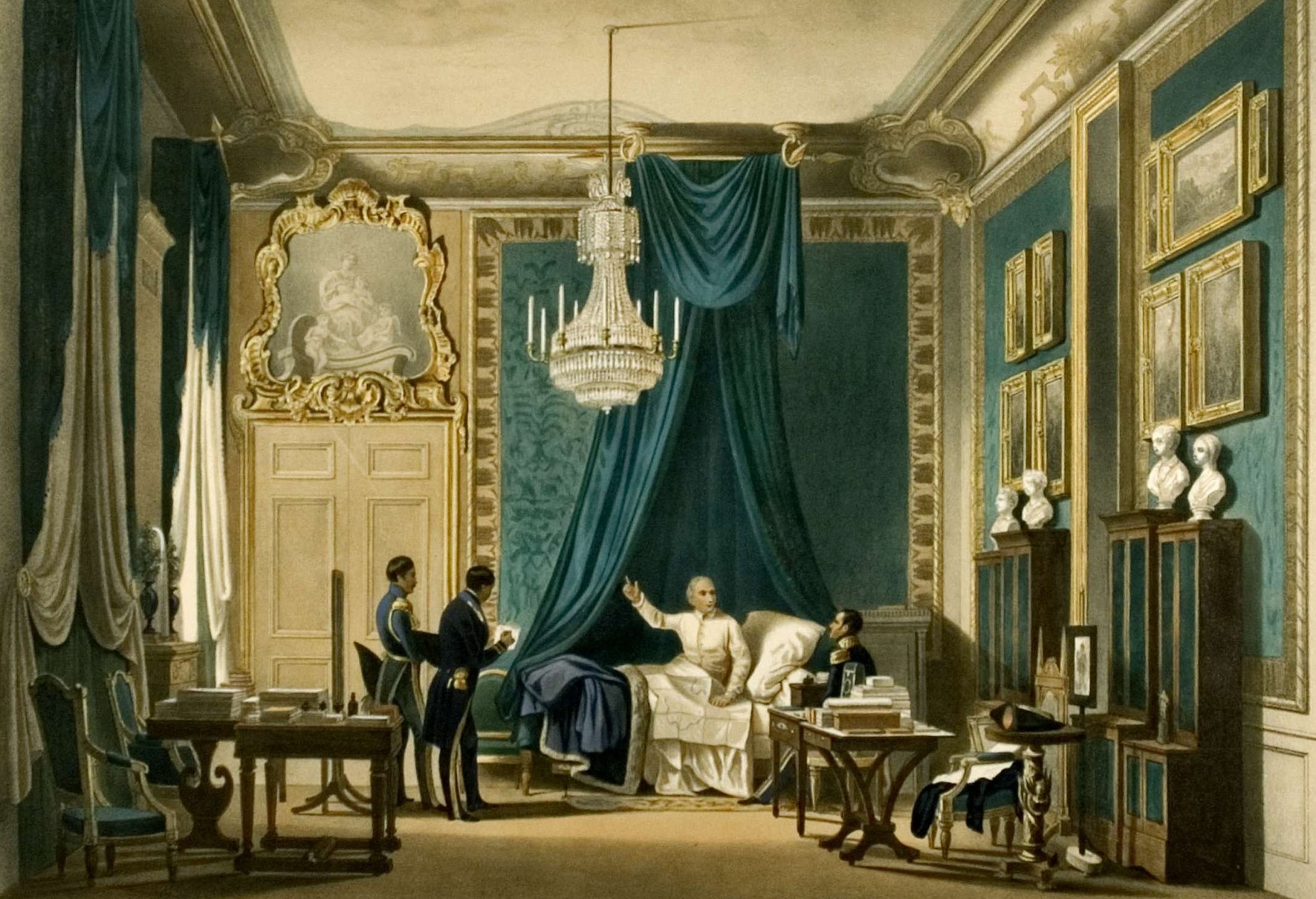 Maleri av Karl Johan i senga, med embetsmenn rundt seg.