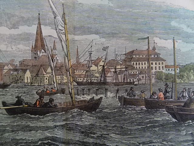 Tegning av Kiel sett fra havna, fra midten av 1800-tallet.