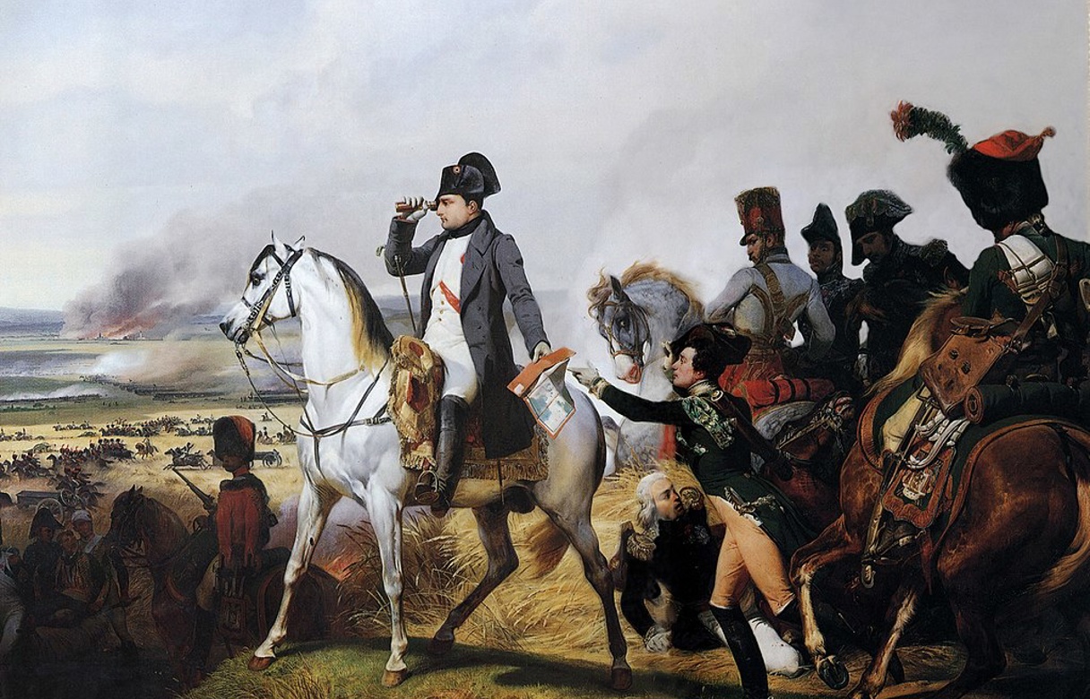Maleri av Napoleon til hest under et slag.
