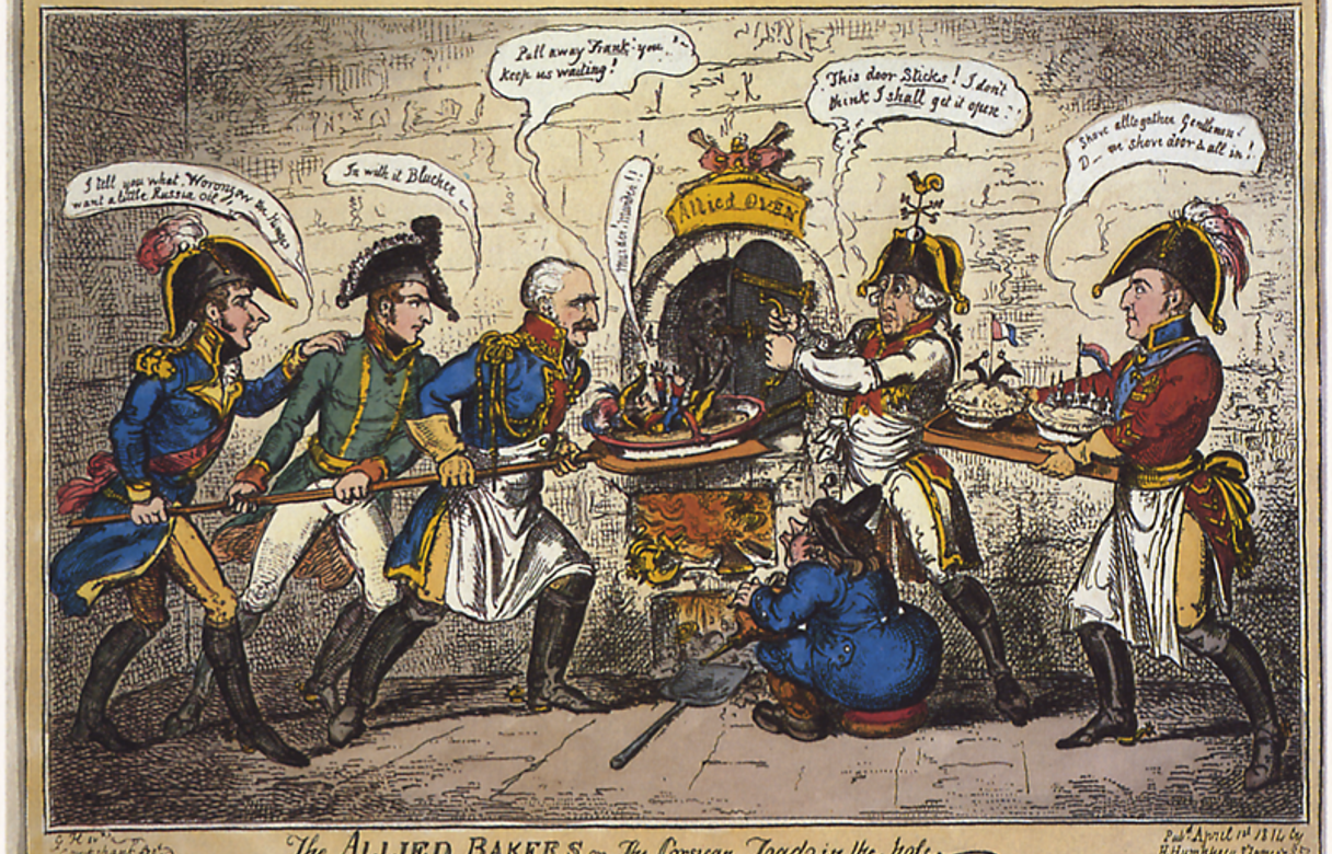 Karikaturtegning fra 1814 som viser de allierte som steker Napoleon i en bakerovn.