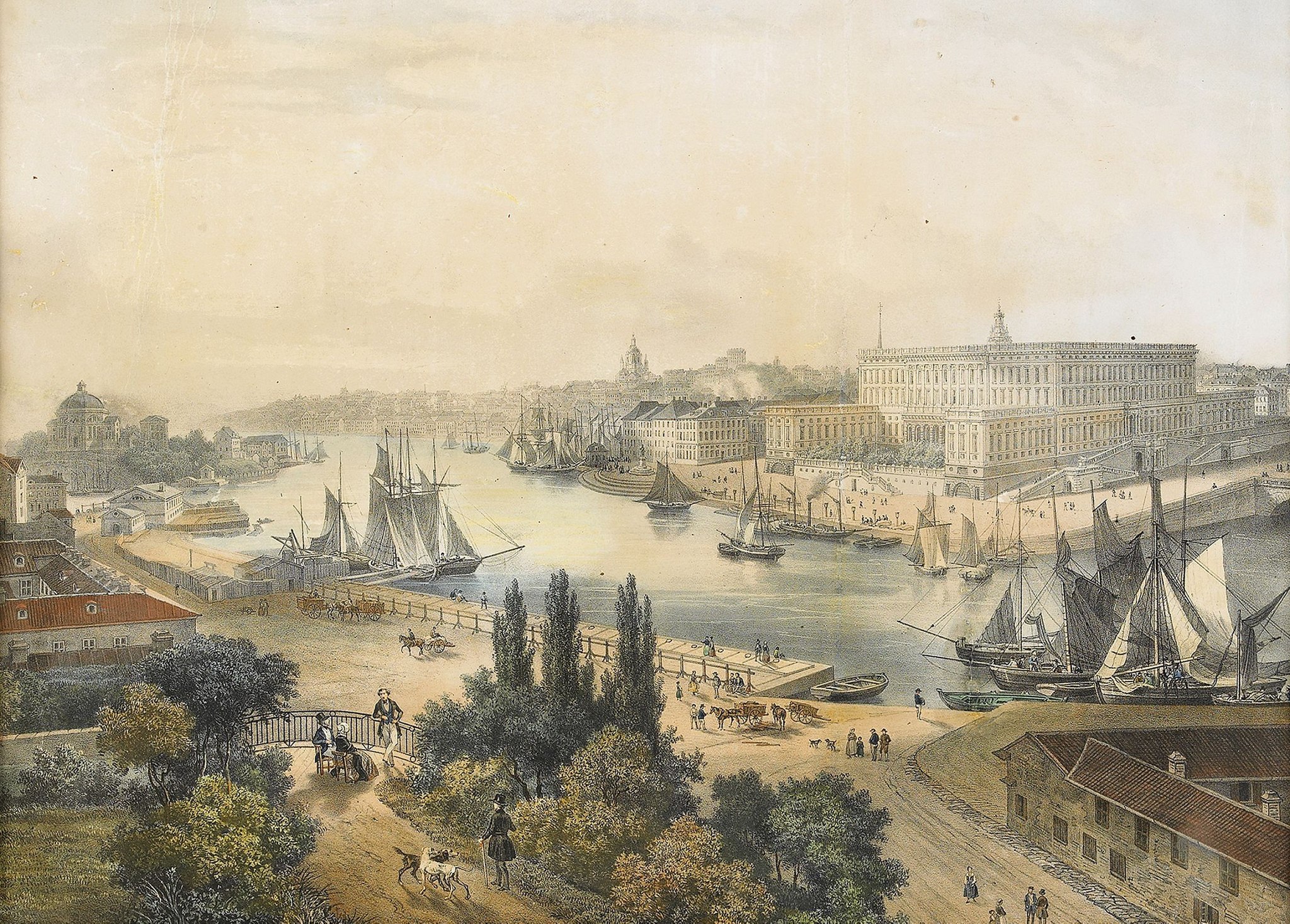 Tegning av Stockholm og Stockholm Slott ca. 1850.