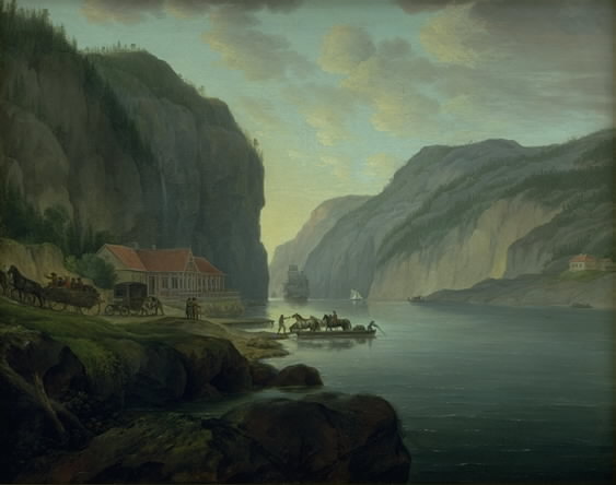 Maleri av Svinesund. En båt frakter hester over sundet.