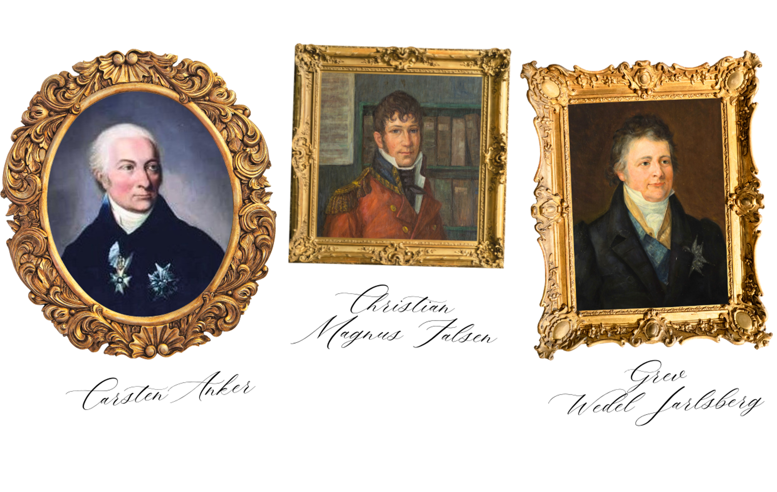 Portrettbilder av Carsten Anker, Christian Magnus Falsen og Wedel Jarlsberg.