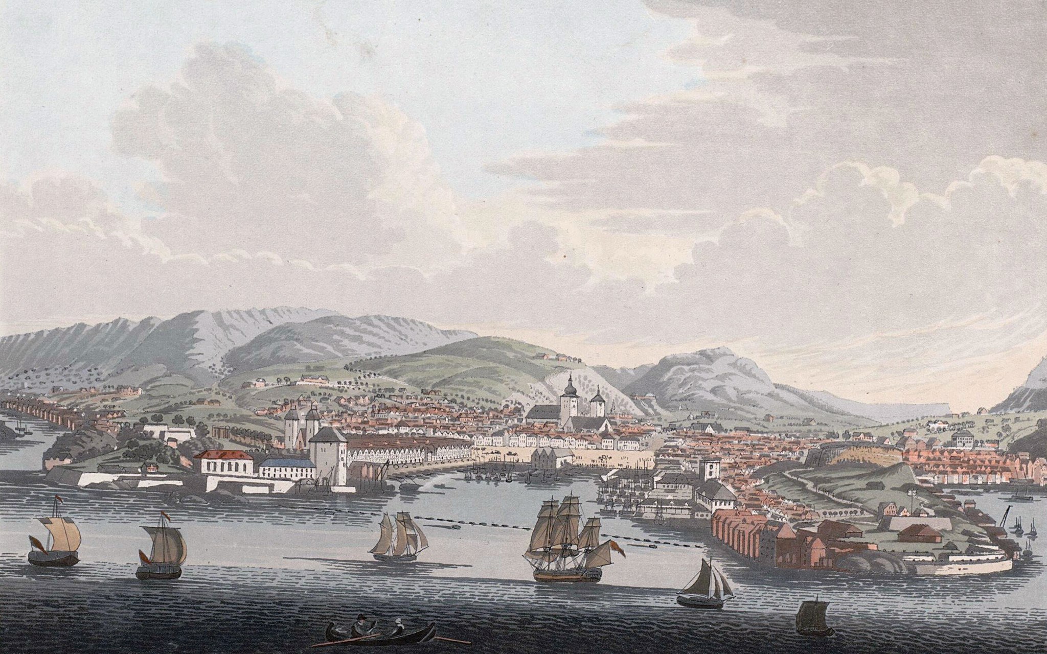 Maleri av innseglingen til Bergen ca. 1810.