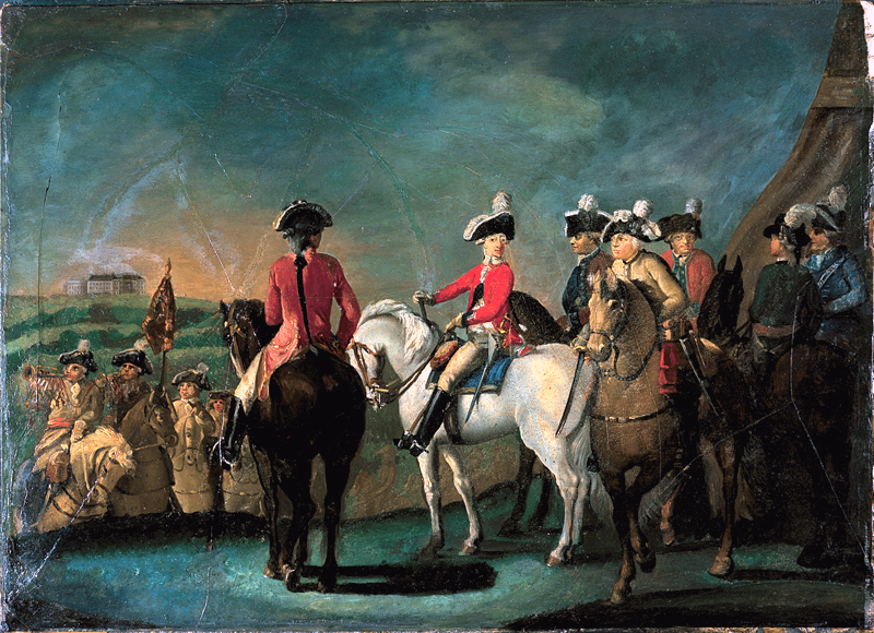 Maleri av en ung Frederik 6. på hest sammen med soldater.