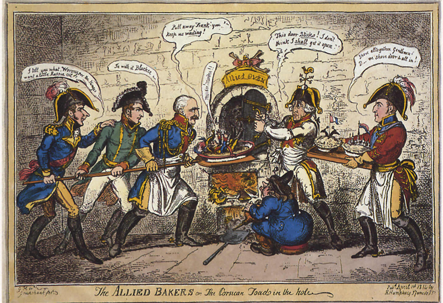 Karikaturtegning fra 1814 som viser de allierte som steker Napoleon i en bakerovn.